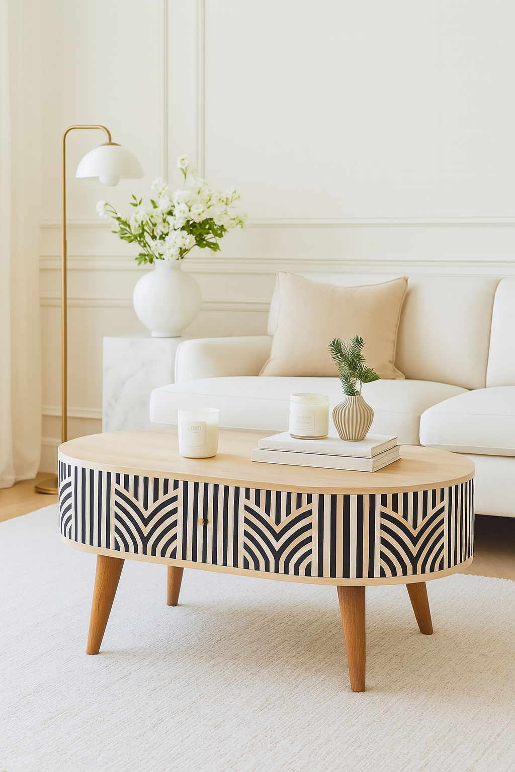 Edessa Bone Inlay Coffee Table, 2-Drawers, Nordic Legs
