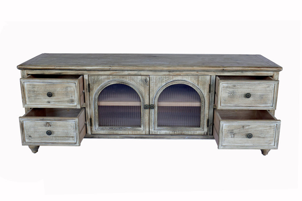 60" Farmhouse TV Stand with 4 Drawers & 2 Glass Doors