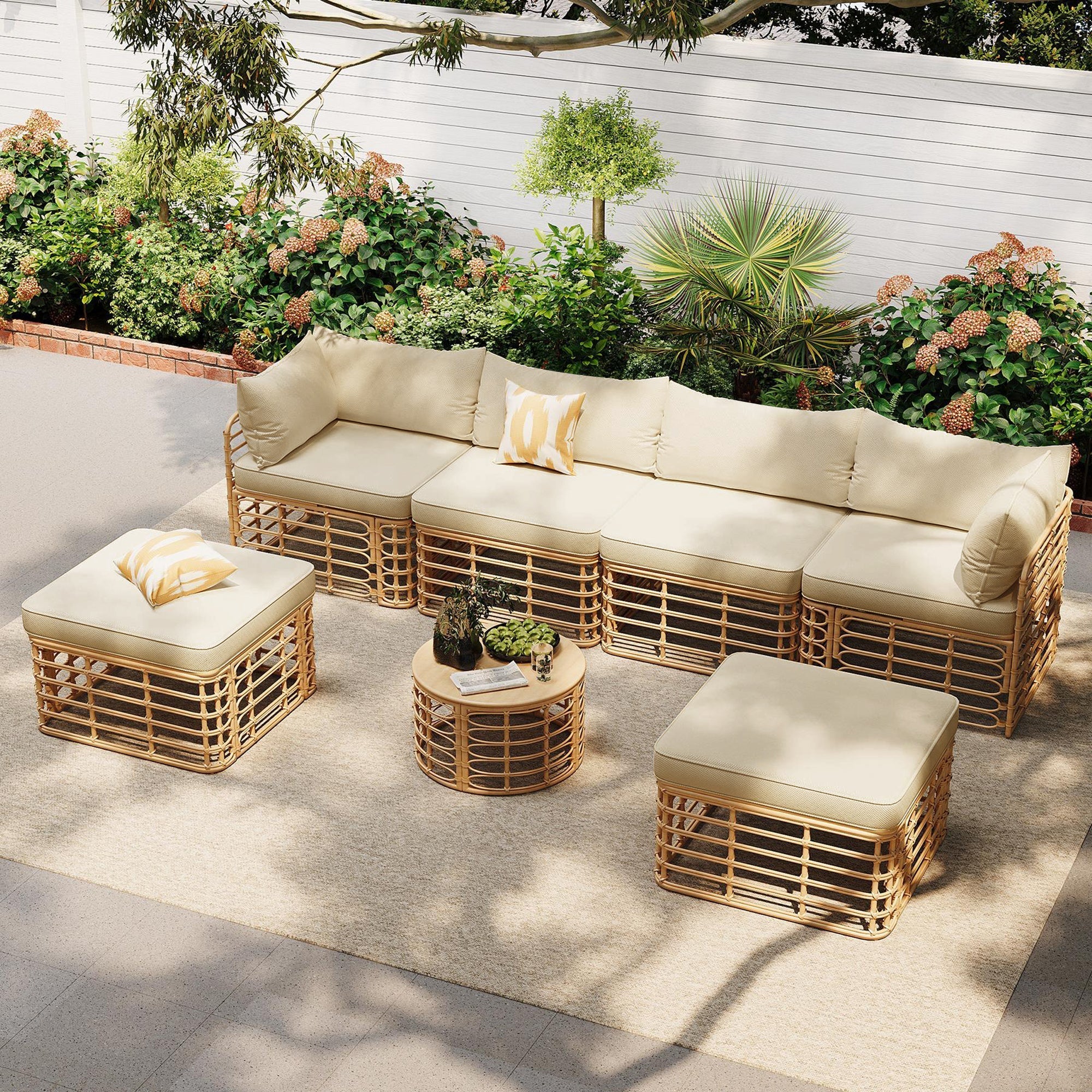 7 Pieces Outdoor Patio Furniture, All-Weather Rattan Sectional Sofa Set with Thick Cushions and Pillows, Freely Combined Conversation Sets for Garden, Backyard, Balcony, Brown