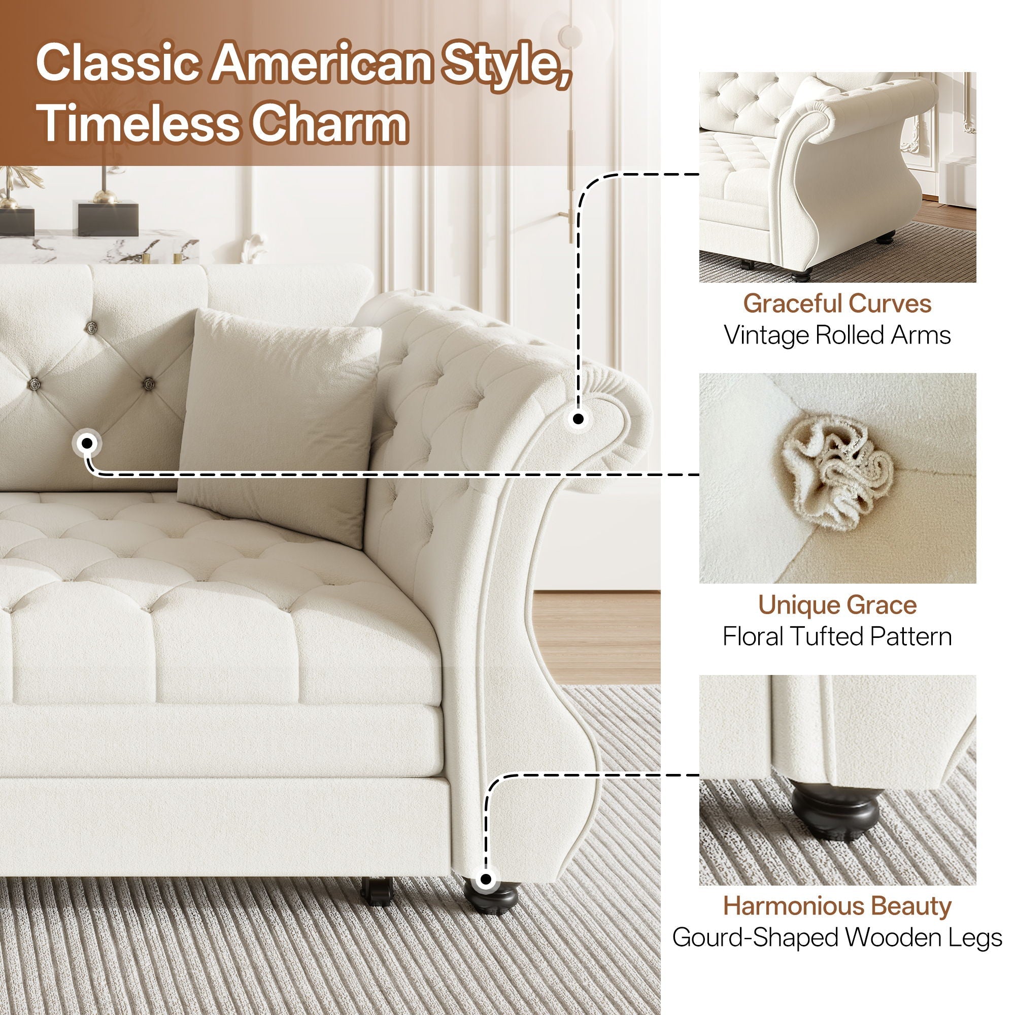 Oversized Chesterfield Pull Out Sofa Bed, Roll Arm Couch With Flower Tufting For Living Room