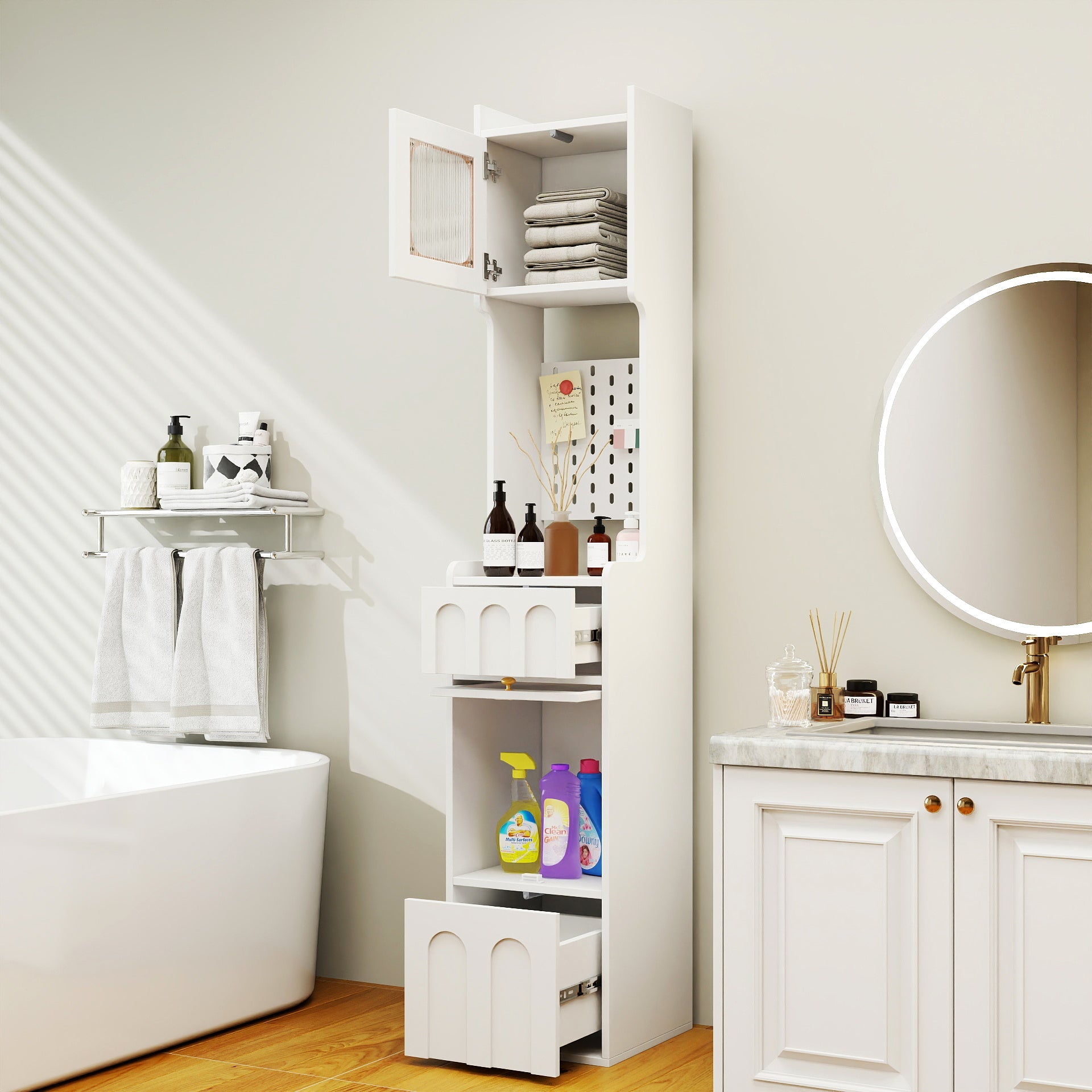 70.87" H Tall Bathroom Storage Cabinet with 1 Door and 2 Drawers