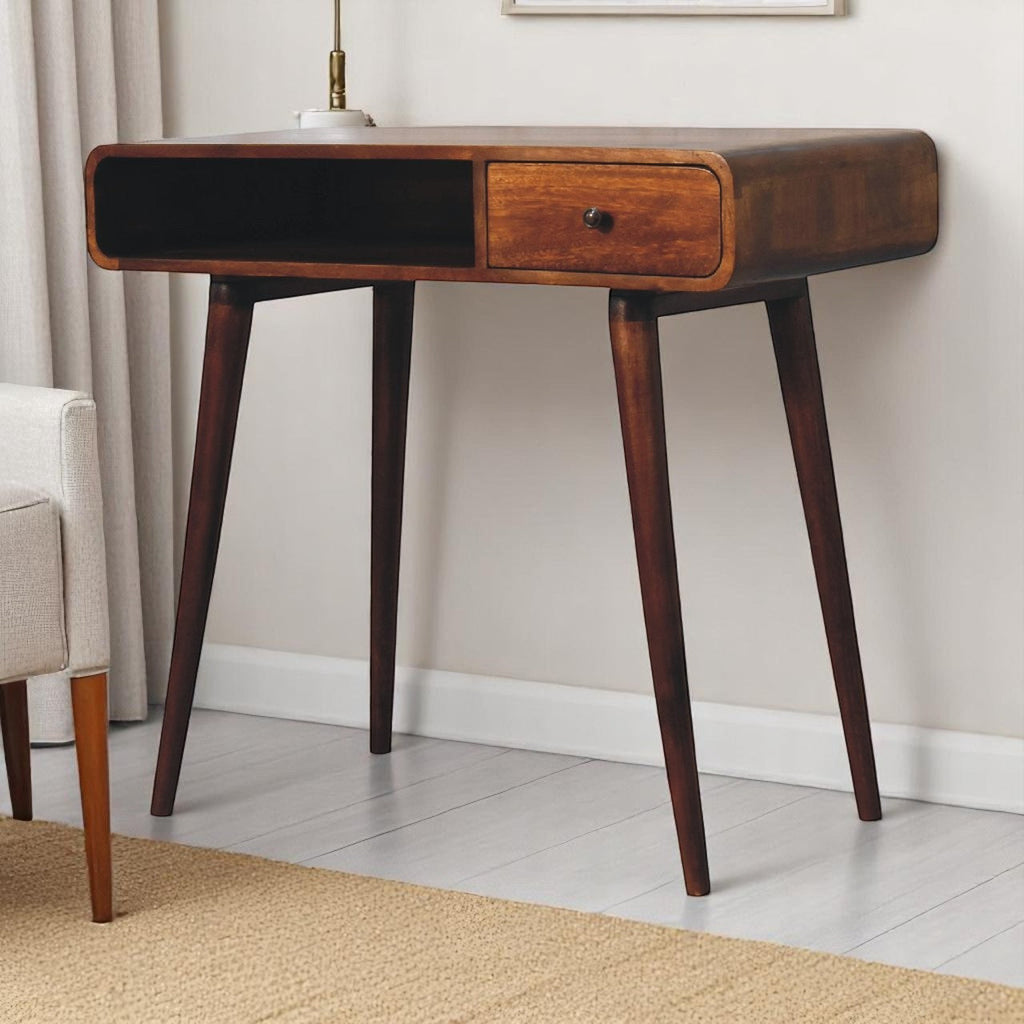 Solid Wood Curved Writing Desk, 1-Drawer, 1 Open Slot, Chestnut