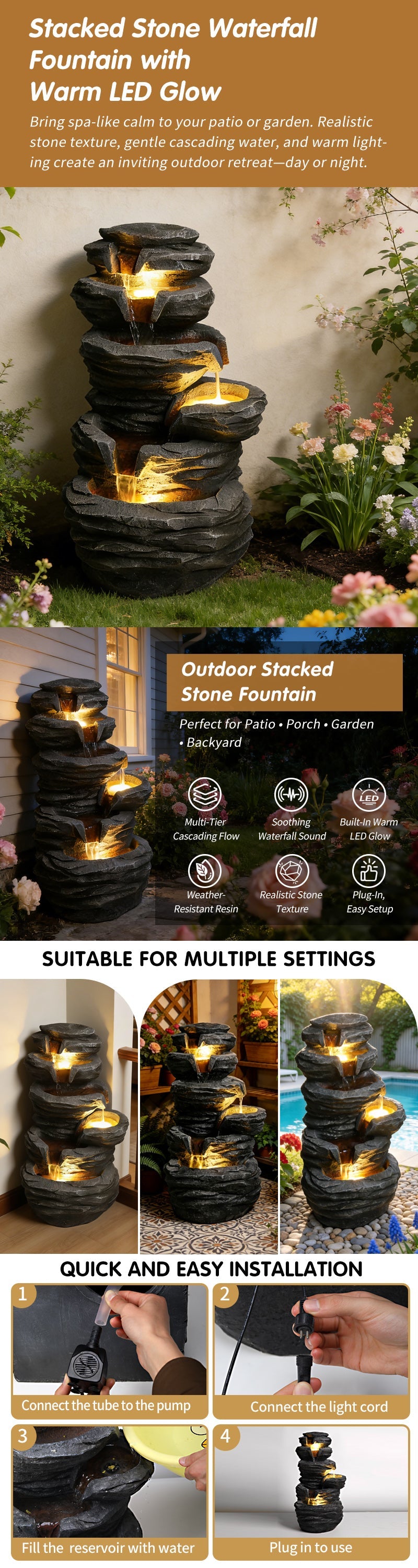 Outdoor Waterfall Fountain with Lights