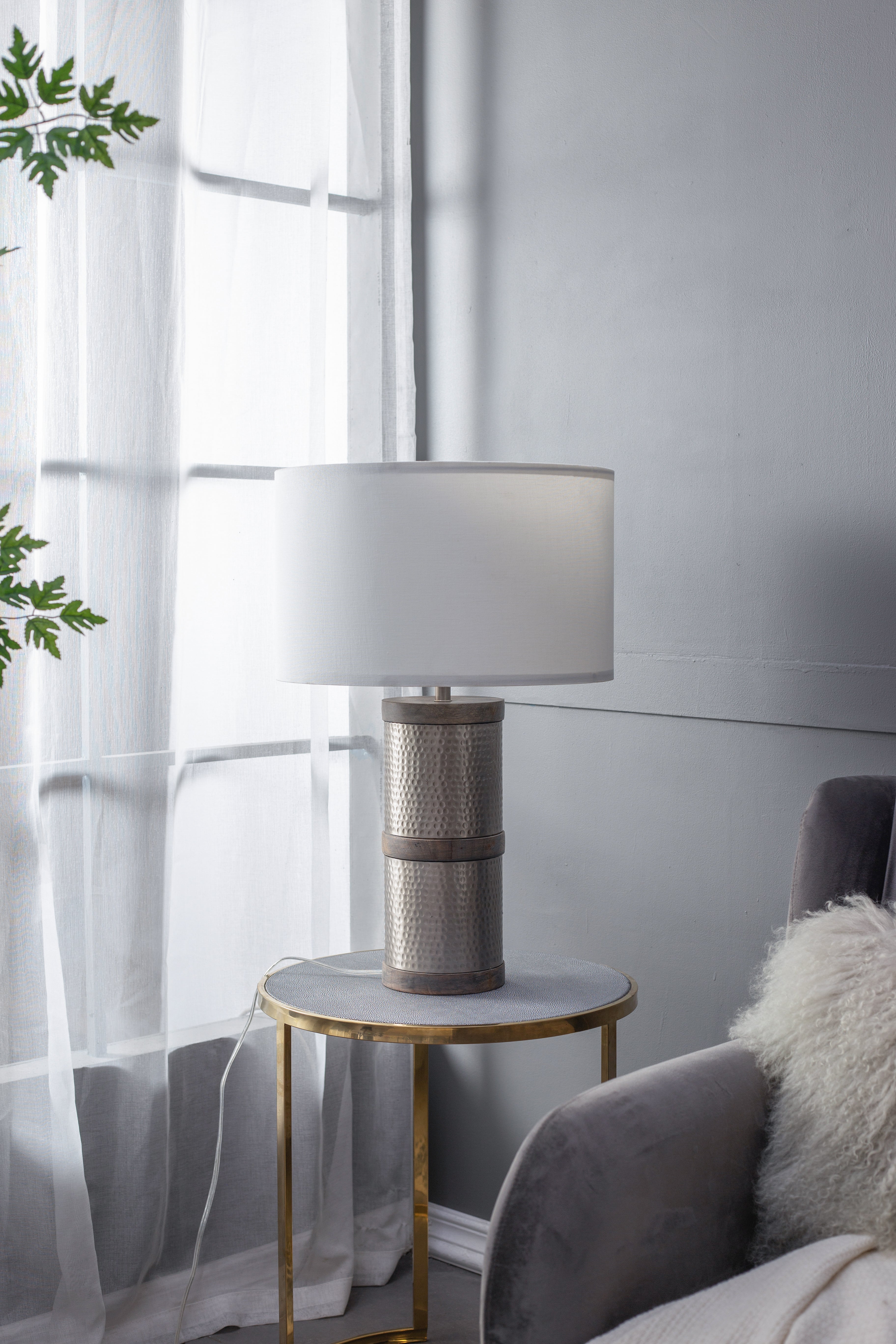 D16x24.4" Hammered Iron Table Lamp with Mango Wood