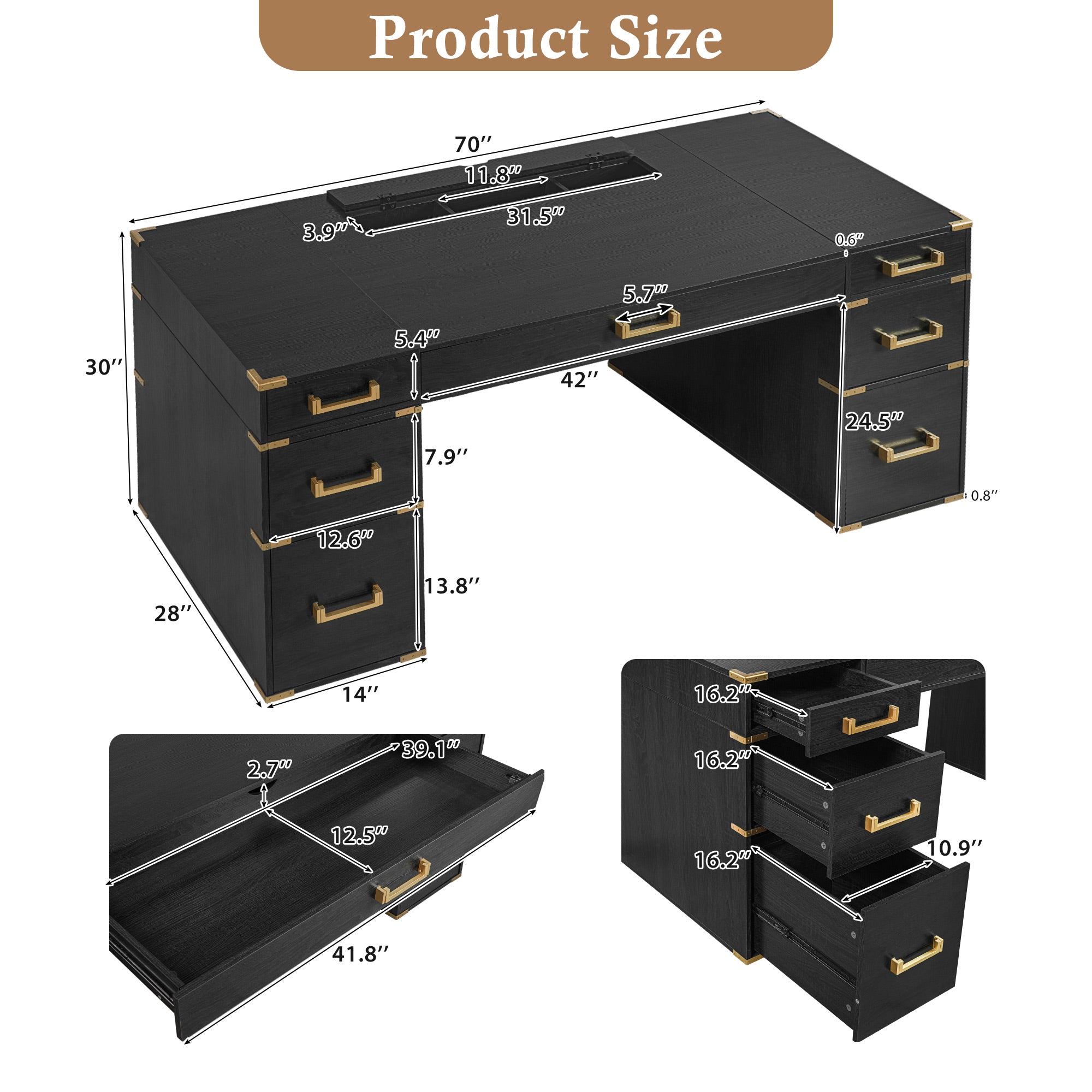 70" Extra-Large Classic and Traditional Executive Desk with Metal Edge Trim