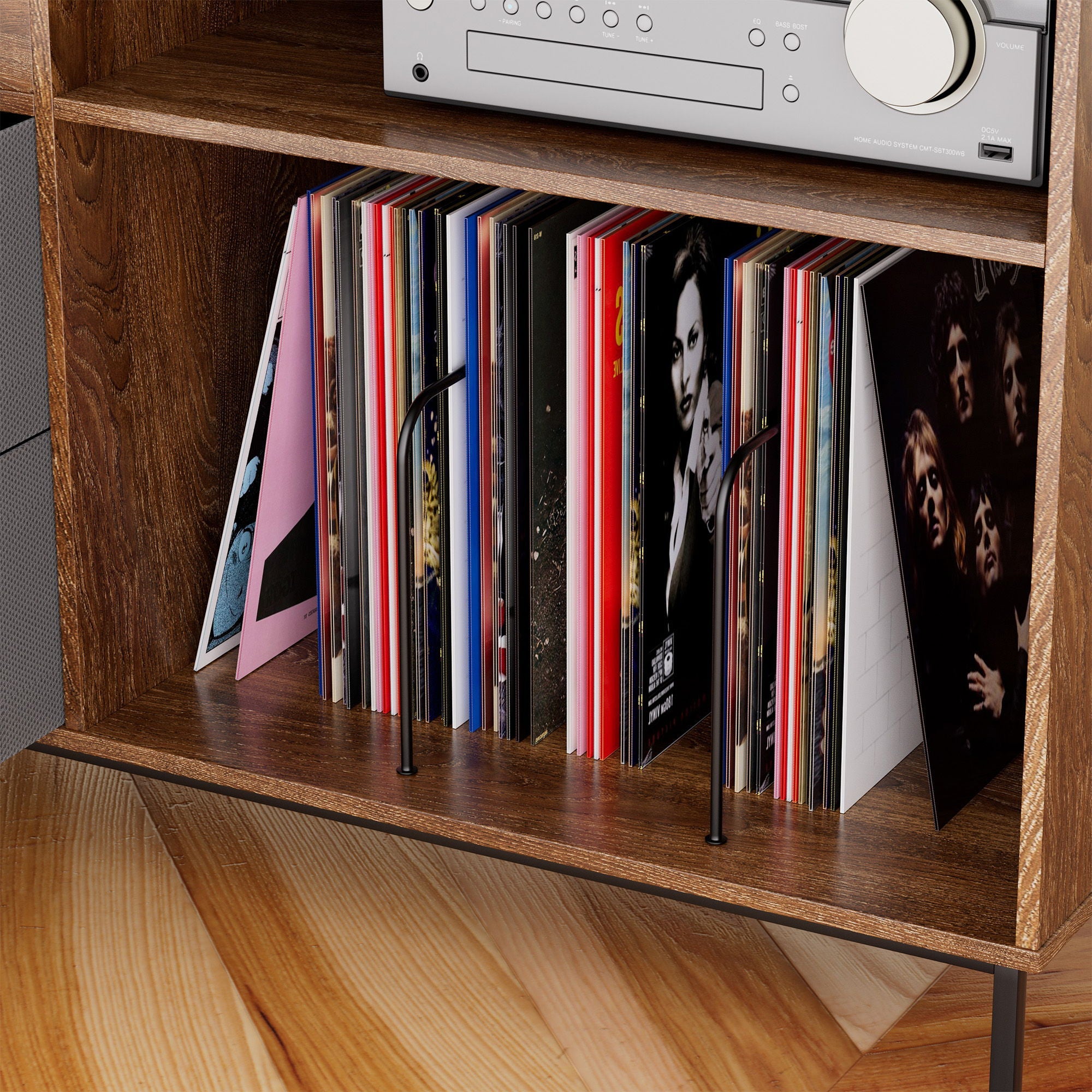 Grain Record Player Stand, Media Console With Speaker Shelf & 2 Drawers