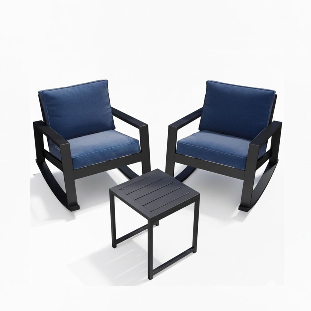 Outdoor Rocking Bistro Set Of 3, Oversized Rocking Chairs With Cushions And Side Table - Black / Blue