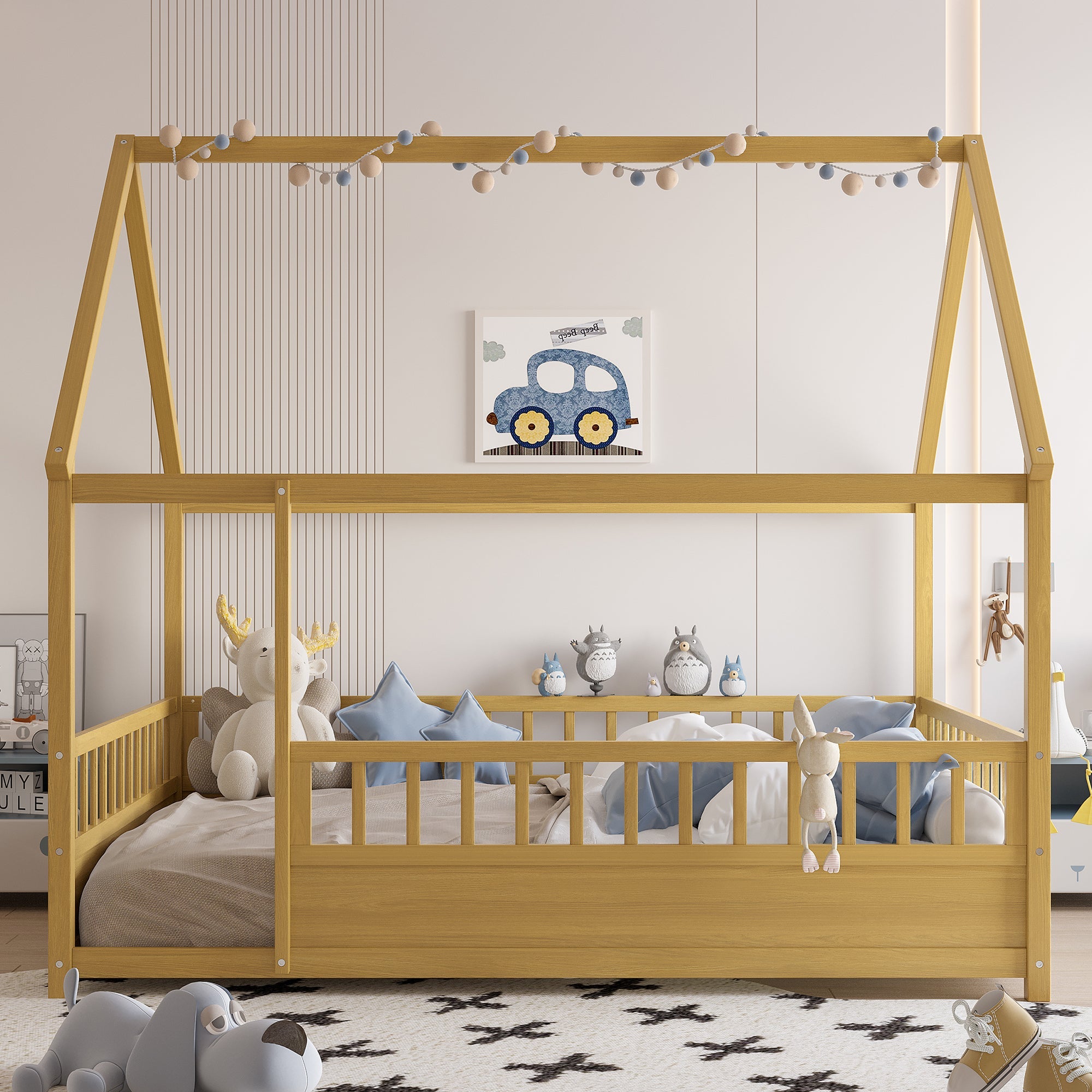 Full Size Wooden Bed with House Roof Frame