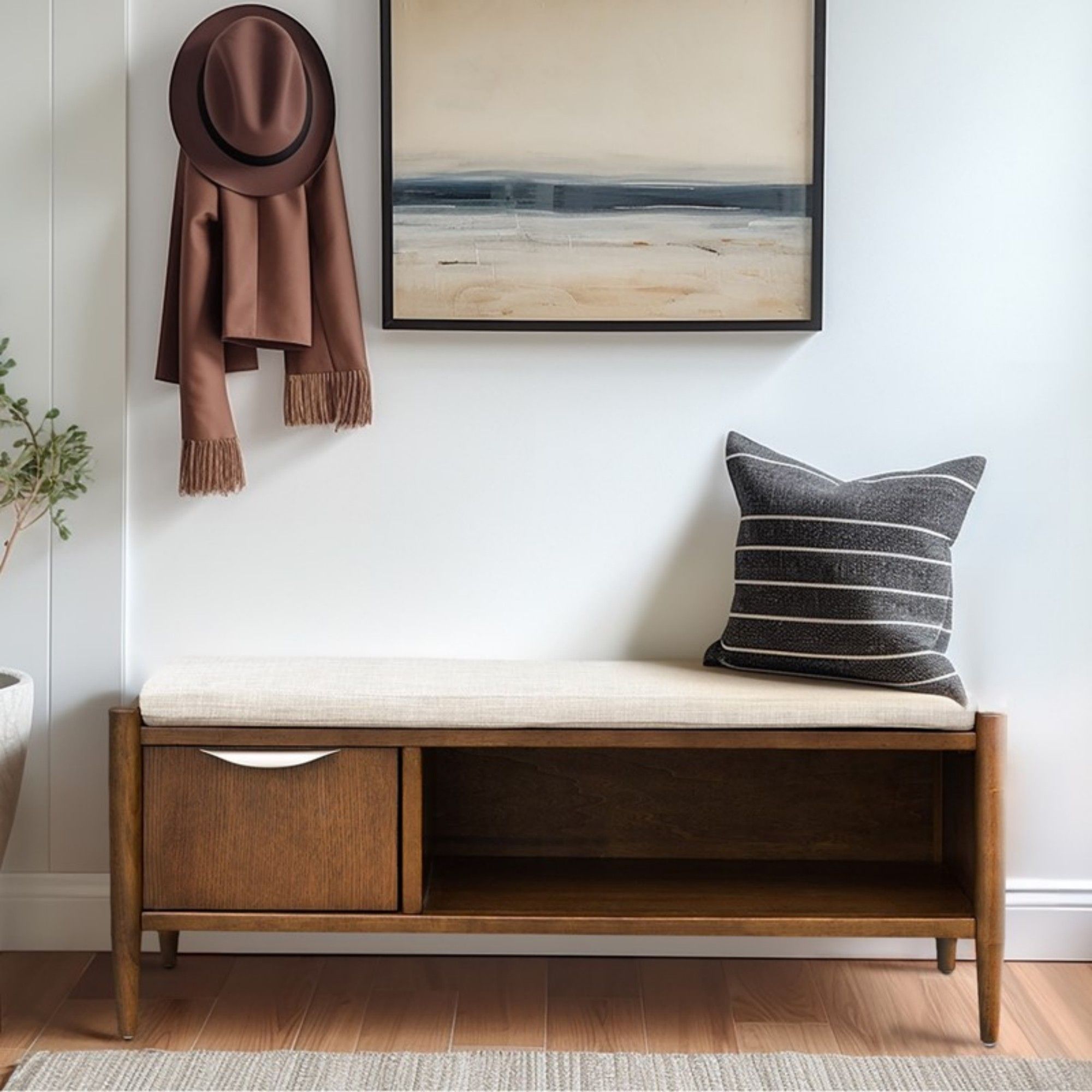 Accent Bench With Storage, Upholstered Cushion - Walnut Brown