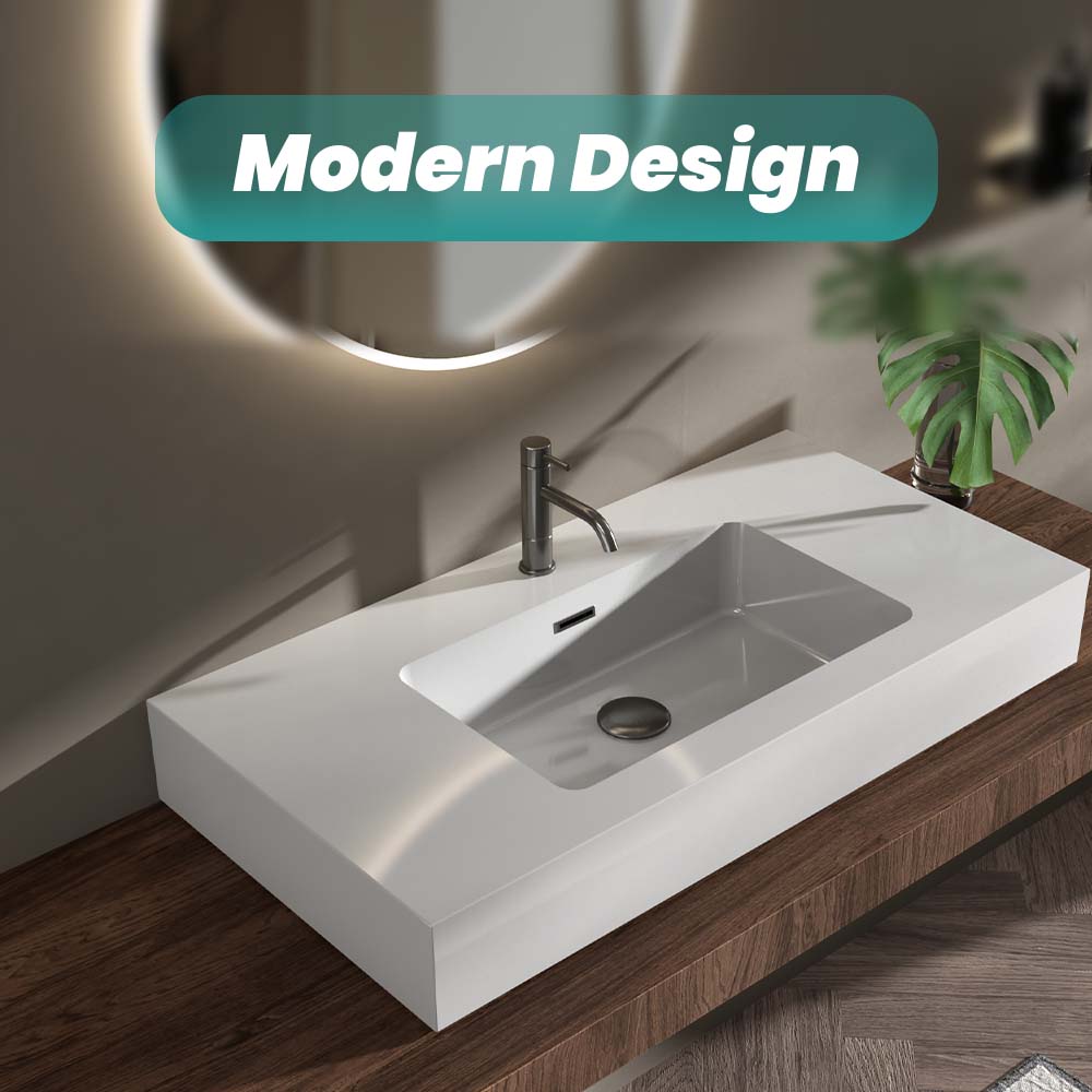 BB02-36-101 Integrated Solid Surface Basin Without Drain and Faucet, Glossy