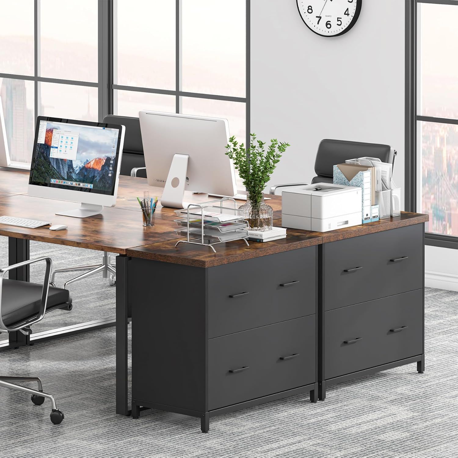 2 Drawer Lateral File Cabinet, A4 / Letter Size, Heavy Duty Storage For Home Office - Brown / Black