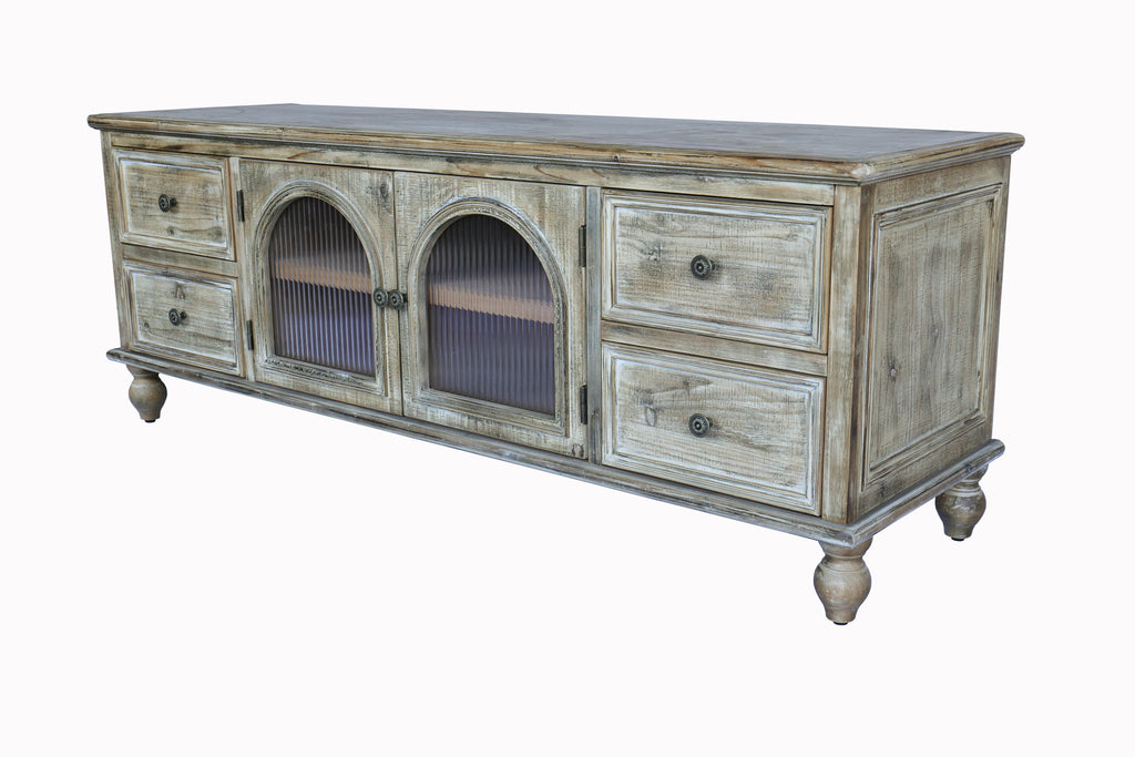 60" Farmhouse TV Stand with 4 Drawers & 2 Glass Doors
