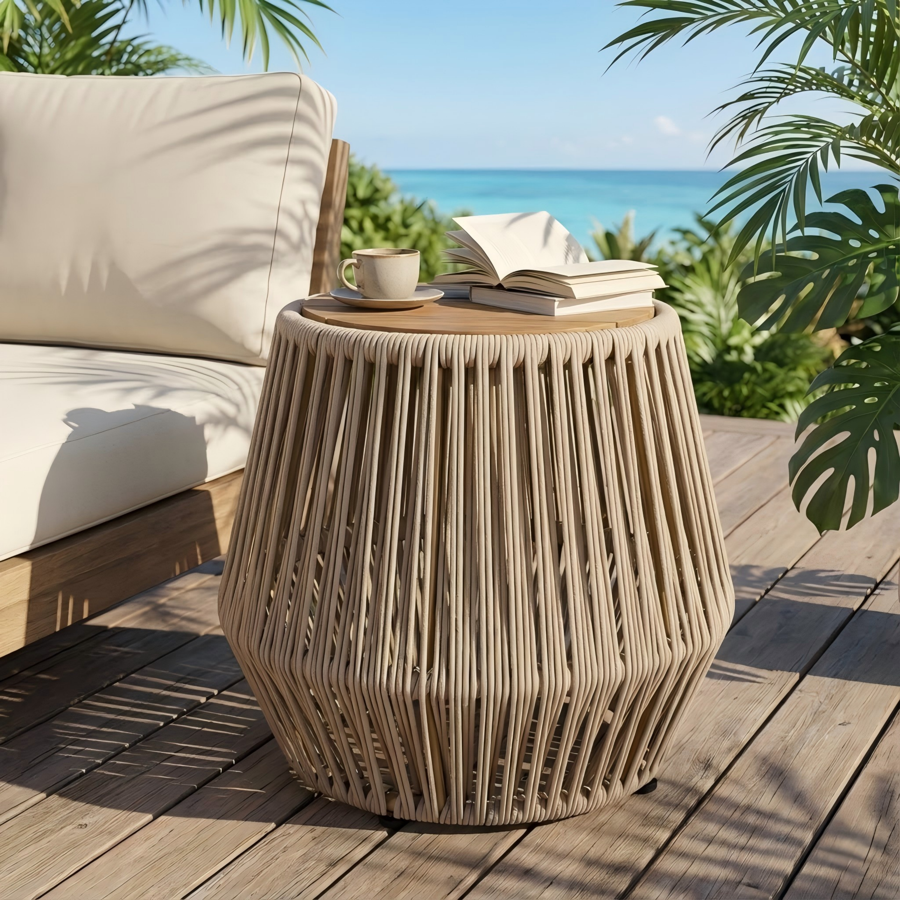 Acacia Wood Side Table with Beige Rope Base