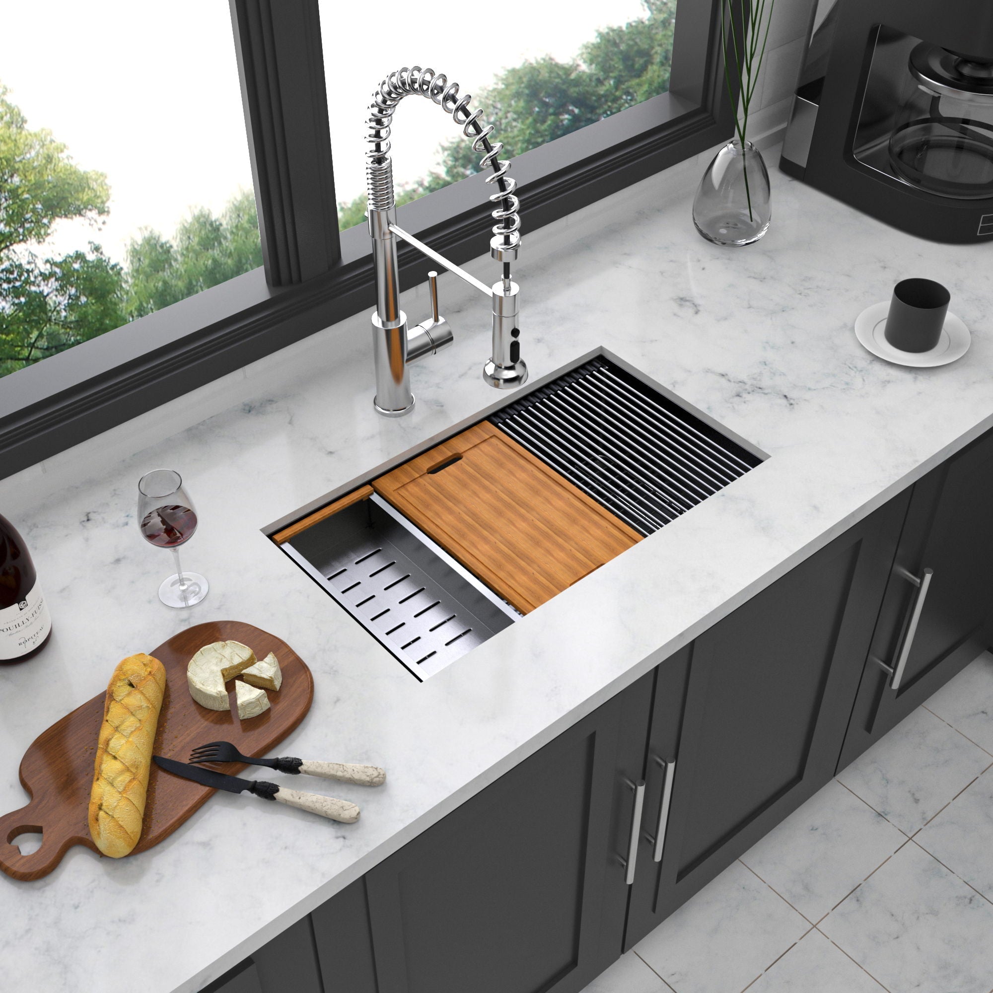 Workstation Kitchen Sink 30" X 18" X 10" Single Bowl Undermount 16 Gauge - Gunmetal Black
