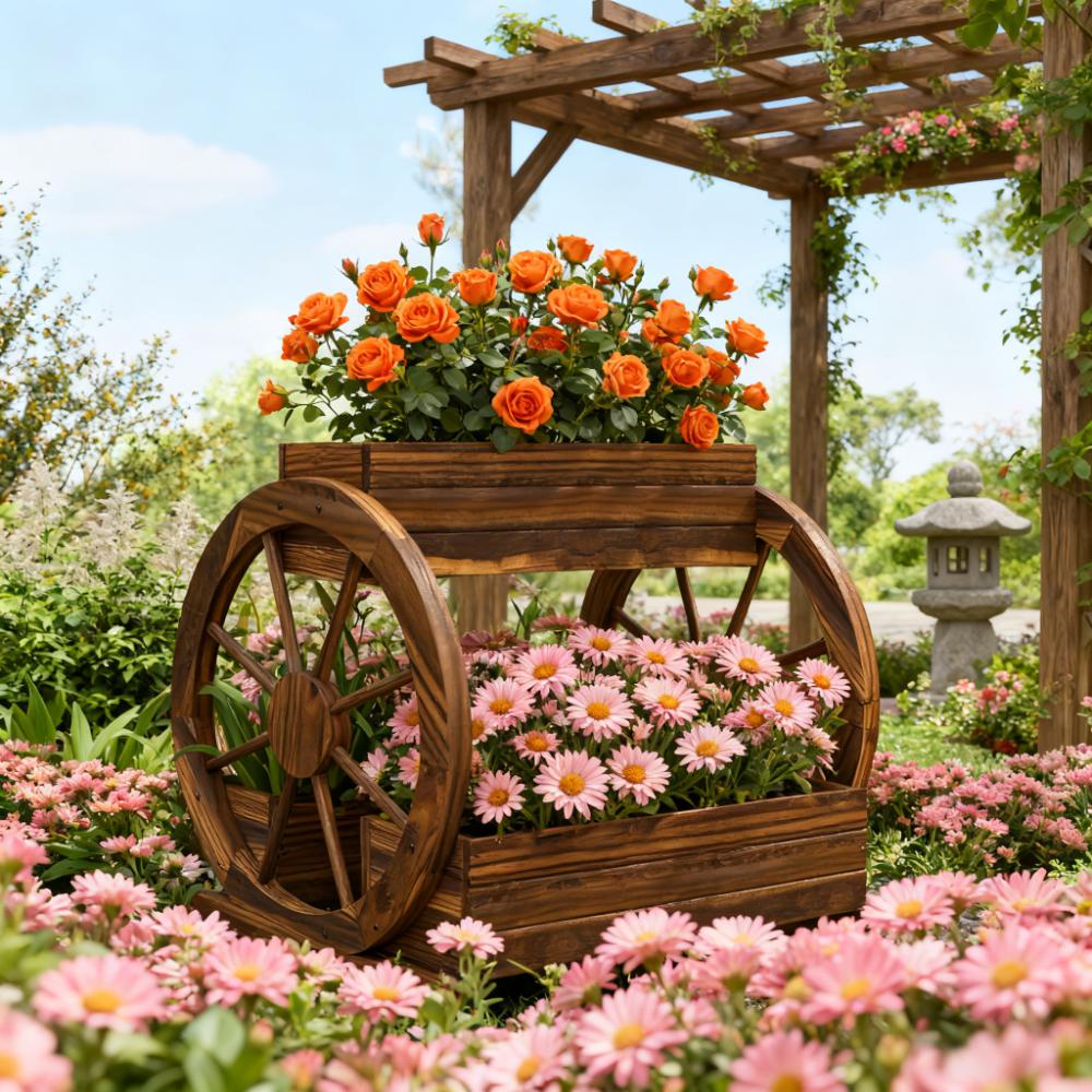 Outdoor Wooden Wagon Planter Box - 3-Tier Raised Garden Bed
