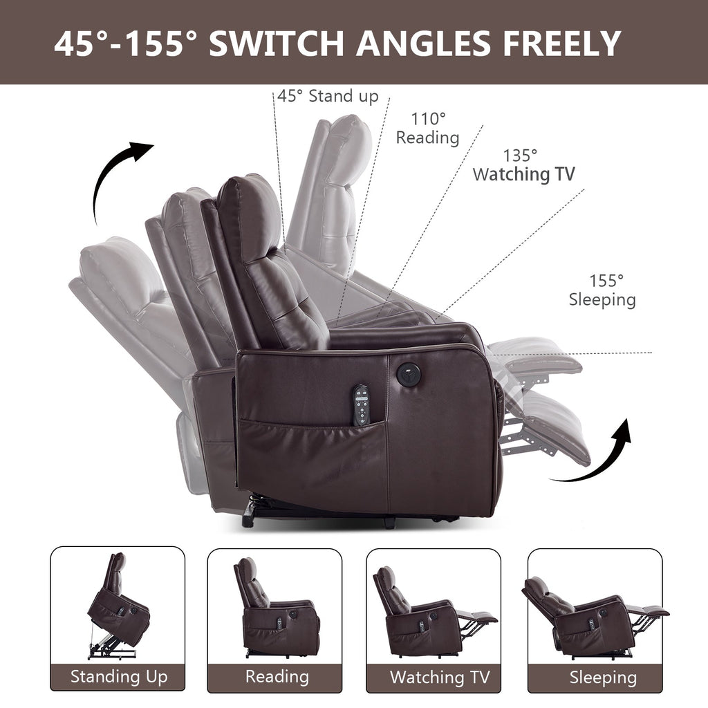 Brown PU Single Motor Power Lift Recliner Chair with Massage & Heat