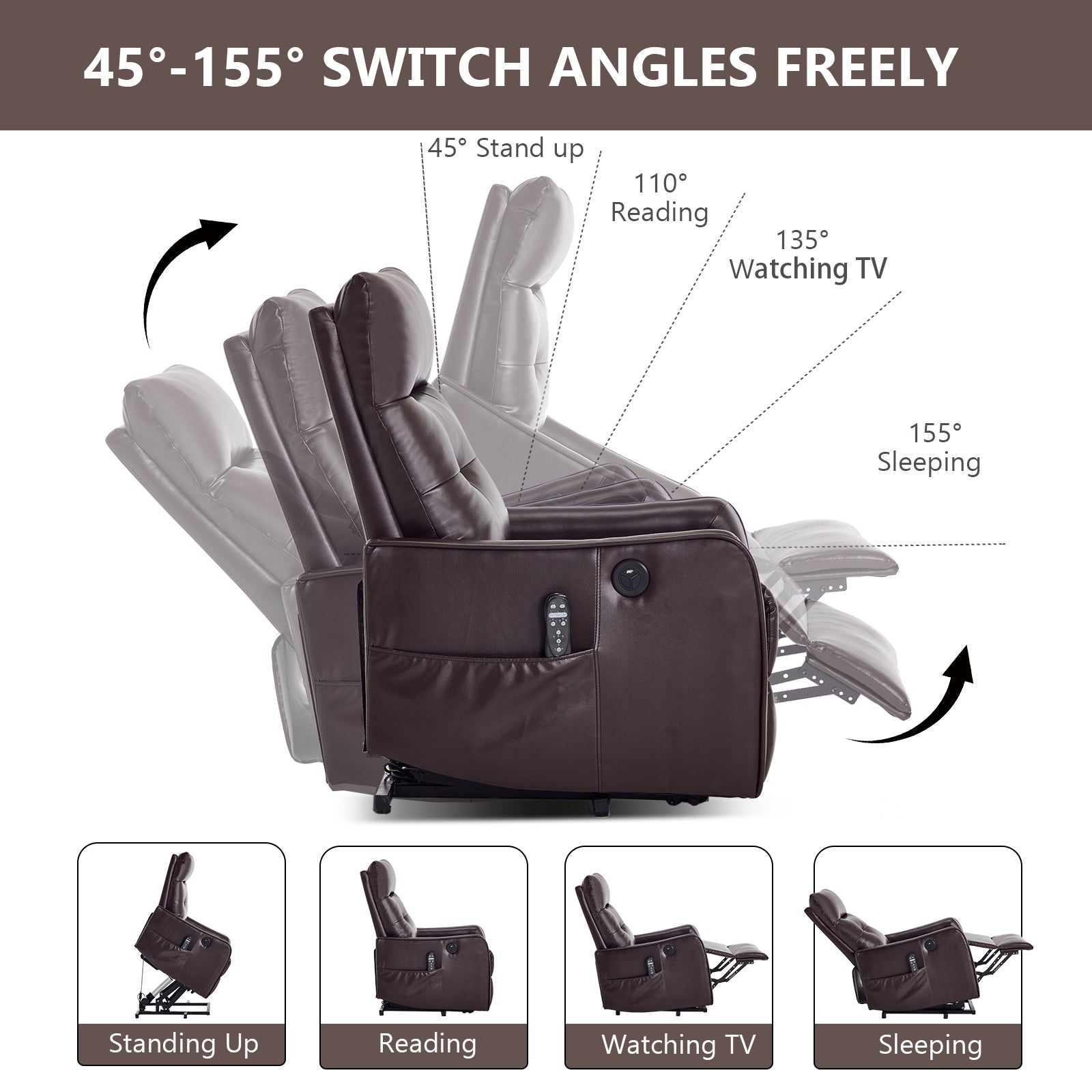 Brown PU Single Motor Power Lift Recliner Chair with Massage & Heat