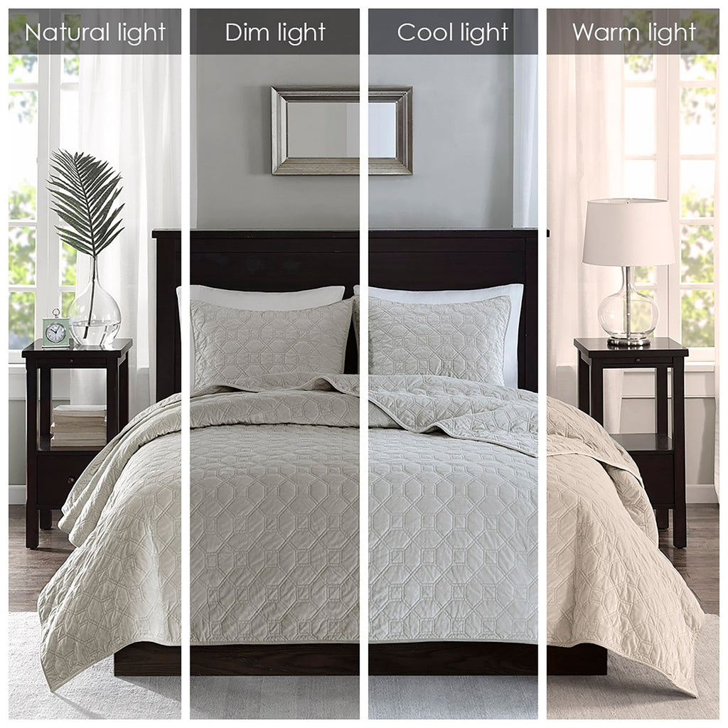 3 Piece Velvet Quilt Set Ivory King/Cal King