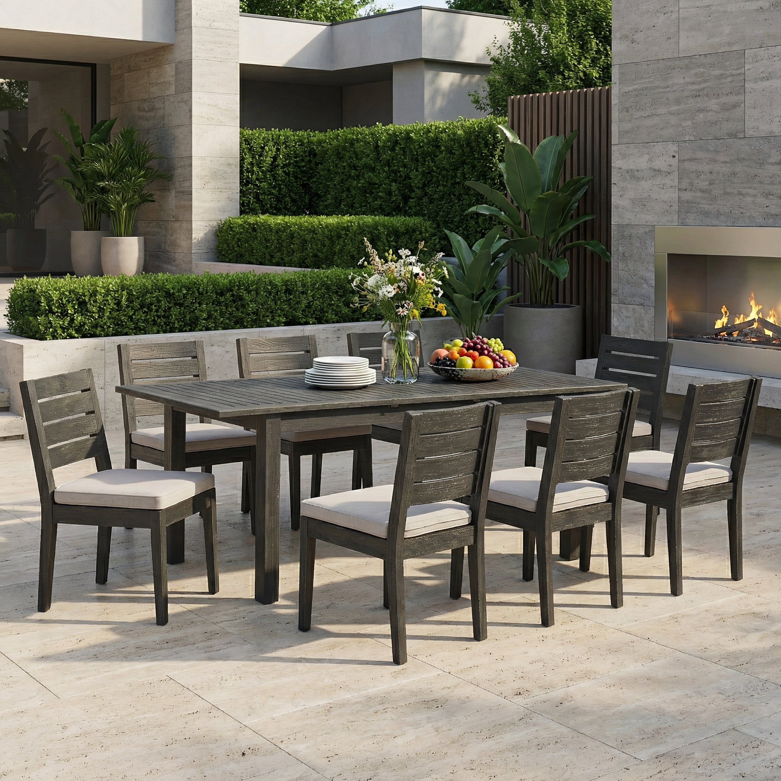 9-Piece Outdoor Dining Set with Extendable Acacia Wood Table and Cushioned Chairs