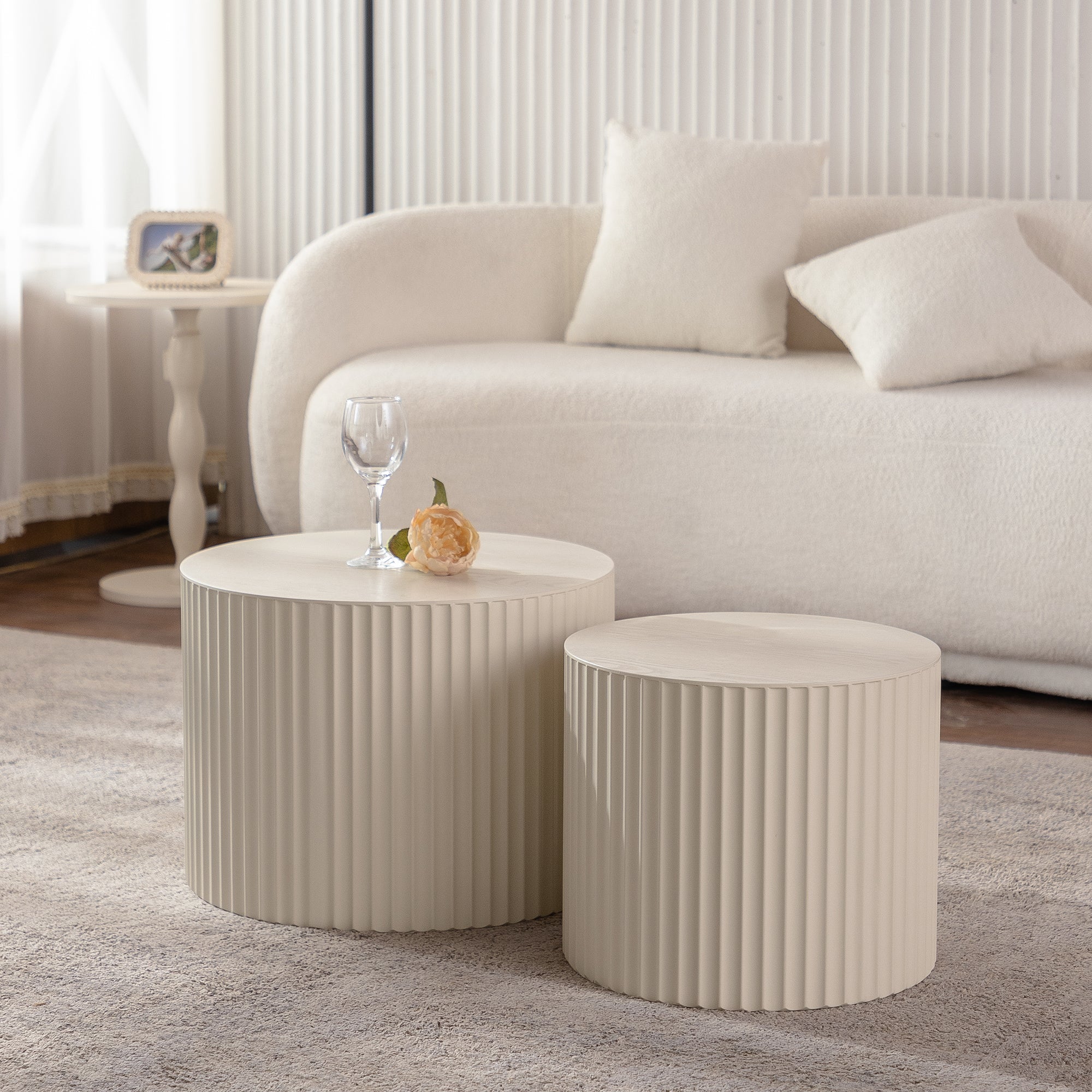 Beige Nesting Coffee Table Set of 2 Modern Drum Side Tables