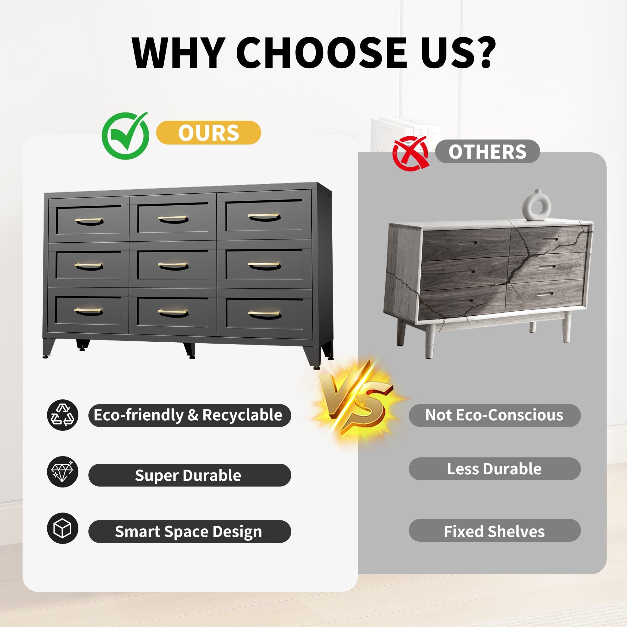 9 Drawer Dresser for Bedroom, Metal Profile Chest of Drawers