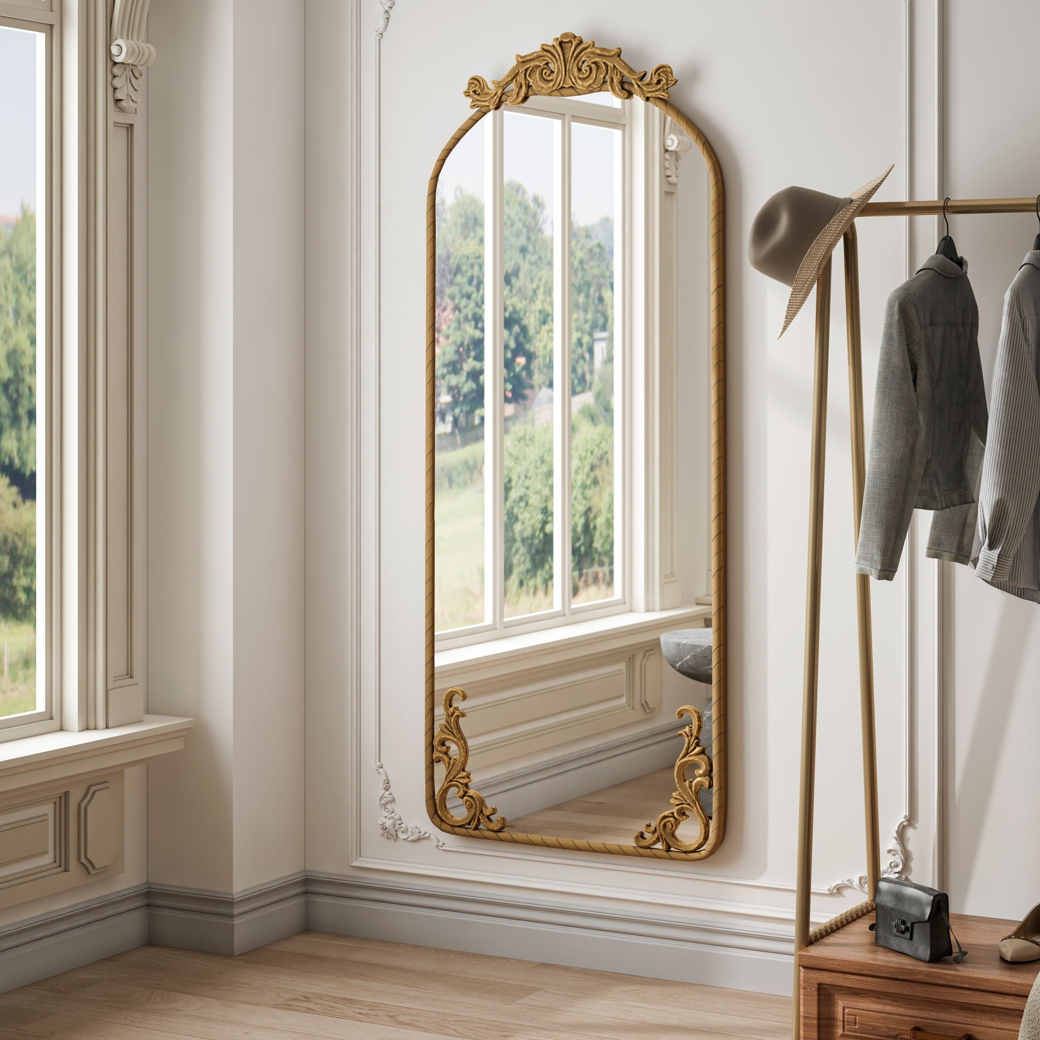 Full Body Arched Mirror With Vintage Carved Applique