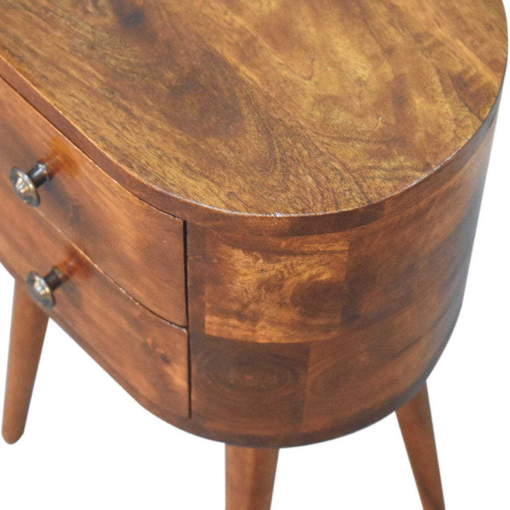 Solid Wood Mini Chestnut Rounded Nightstand, 2-Drawers, Nordic Legs