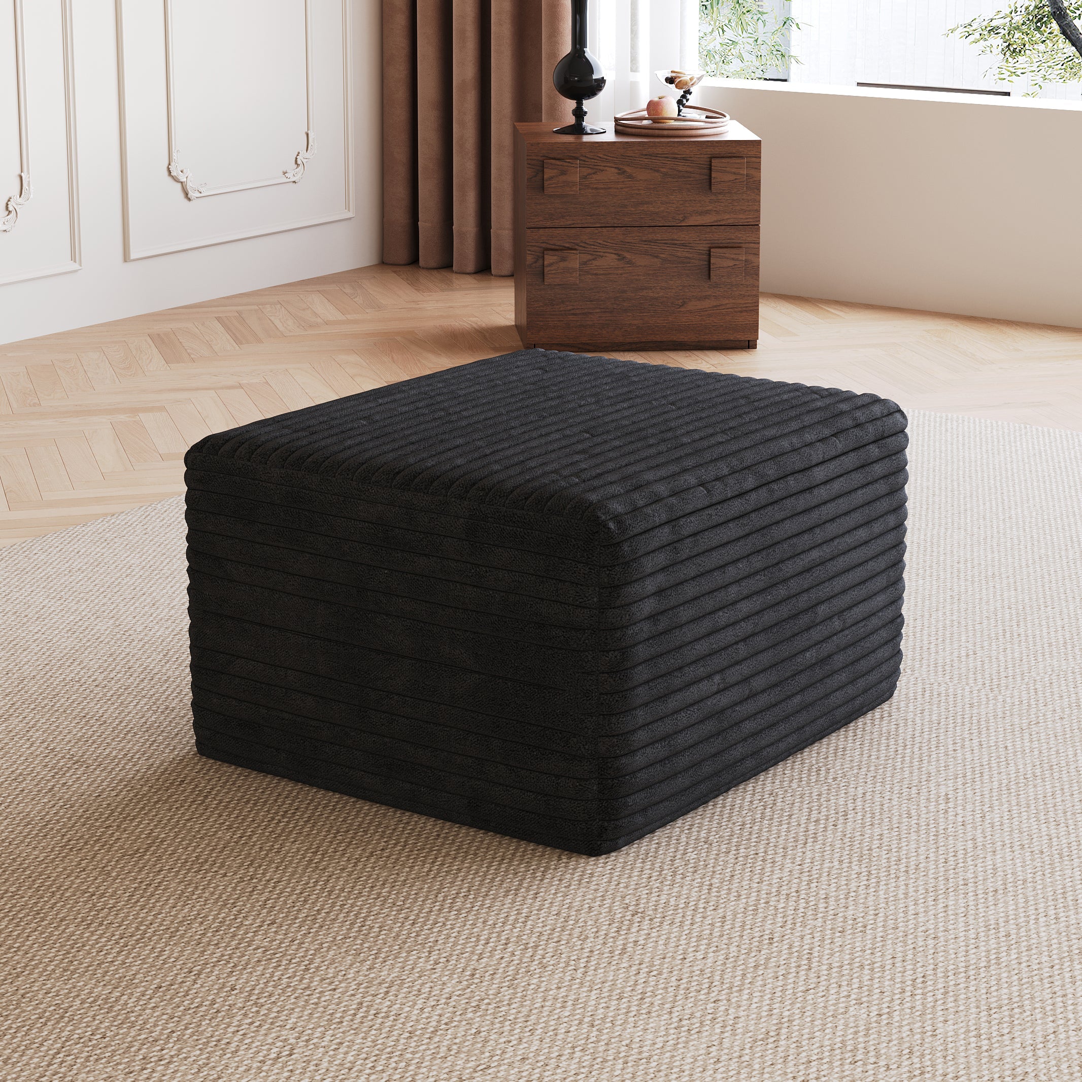 Black Plush Corduroy Sofa Ottoman - No Assembly Required
