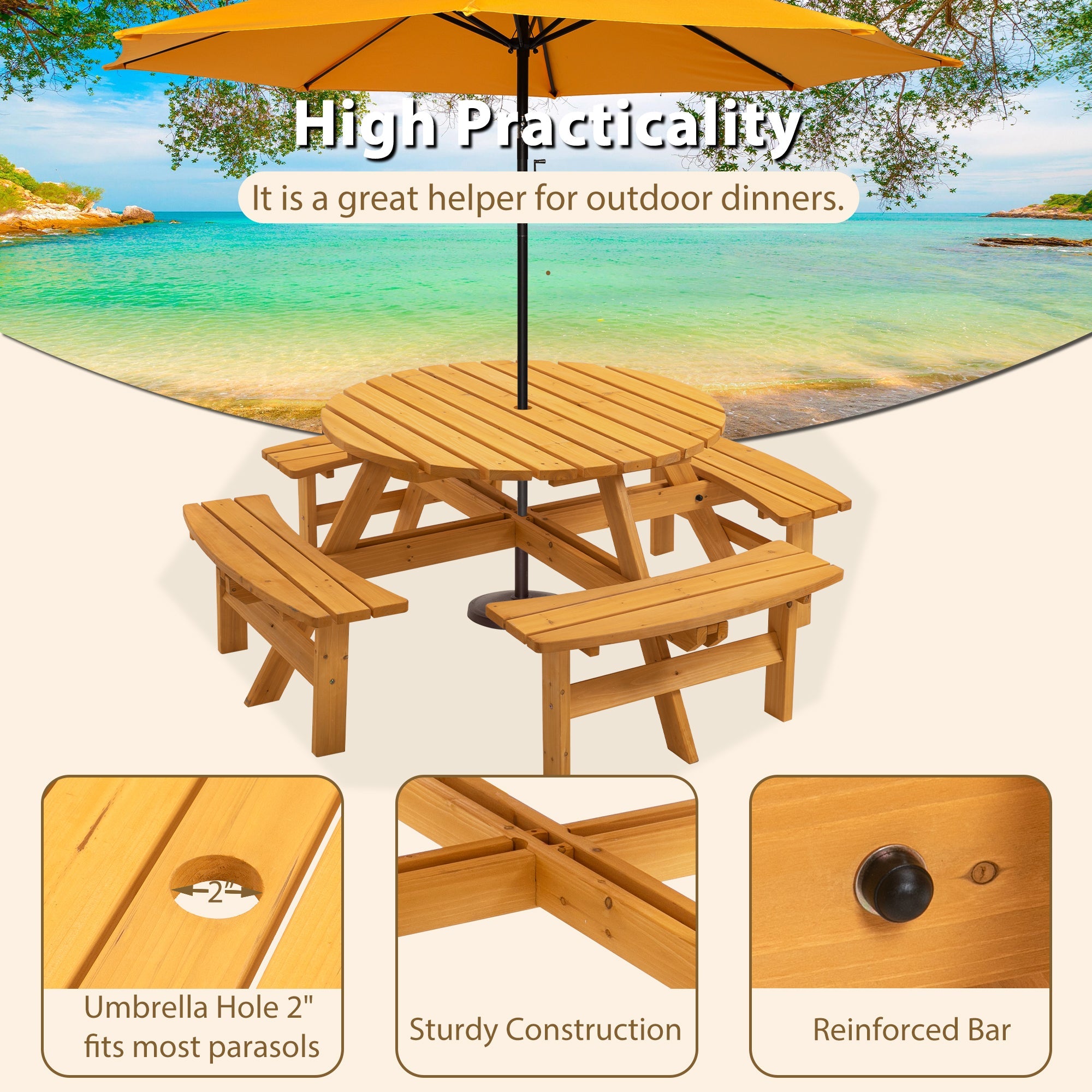 8 Person Wooden Picnic Table with Built-in Benches