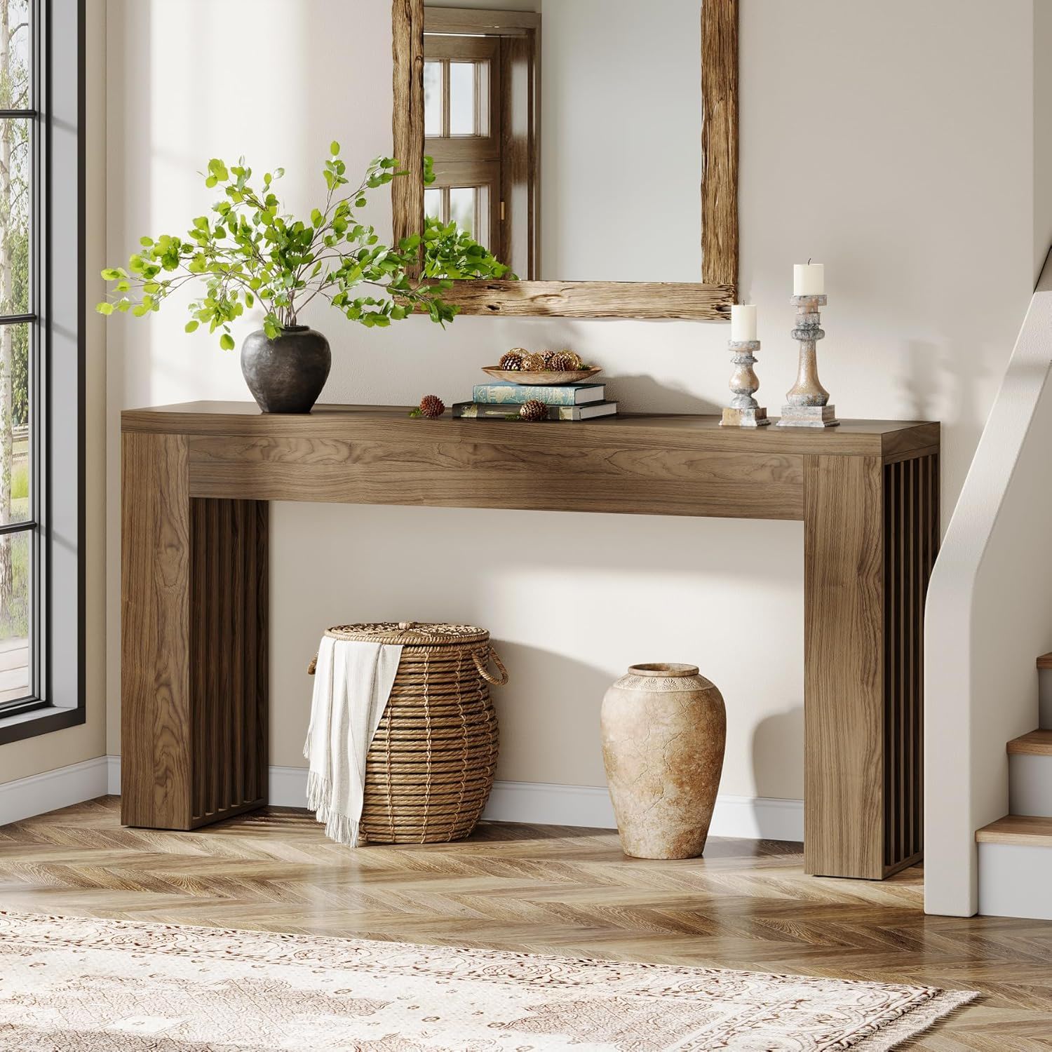 Console Table With Vertical Slat Legs For Entryway - Rustic Brown