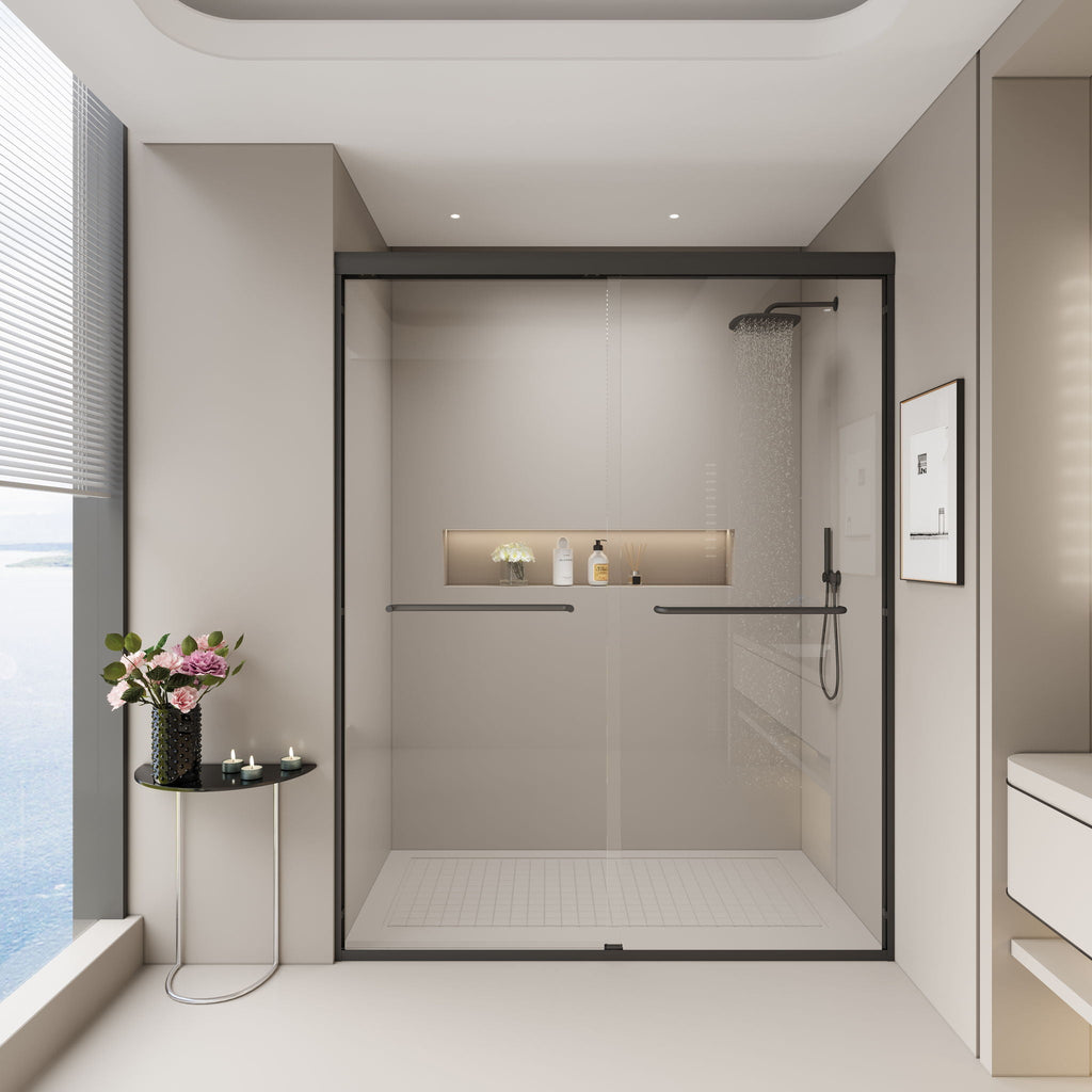 Double Sliding Shower Door, Semi-Frameless Bypass Bathroom Sliding Door With 1/4" (6 Mm) Tempered Glass For Walk-In Shower