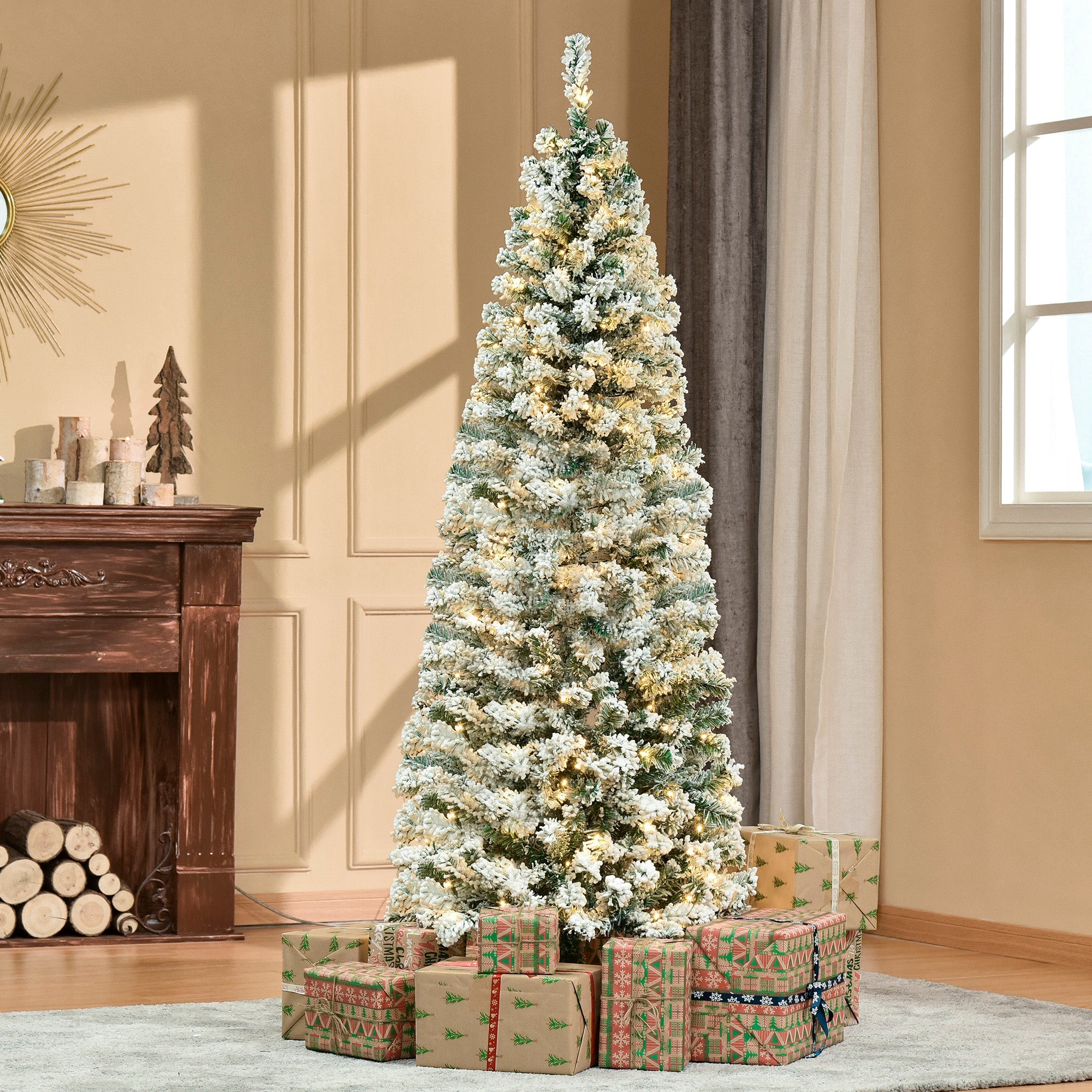 HOMCOM 6ft Pre-Lit Snow-Flocked Slim Douglas Fir Christmas Tree
