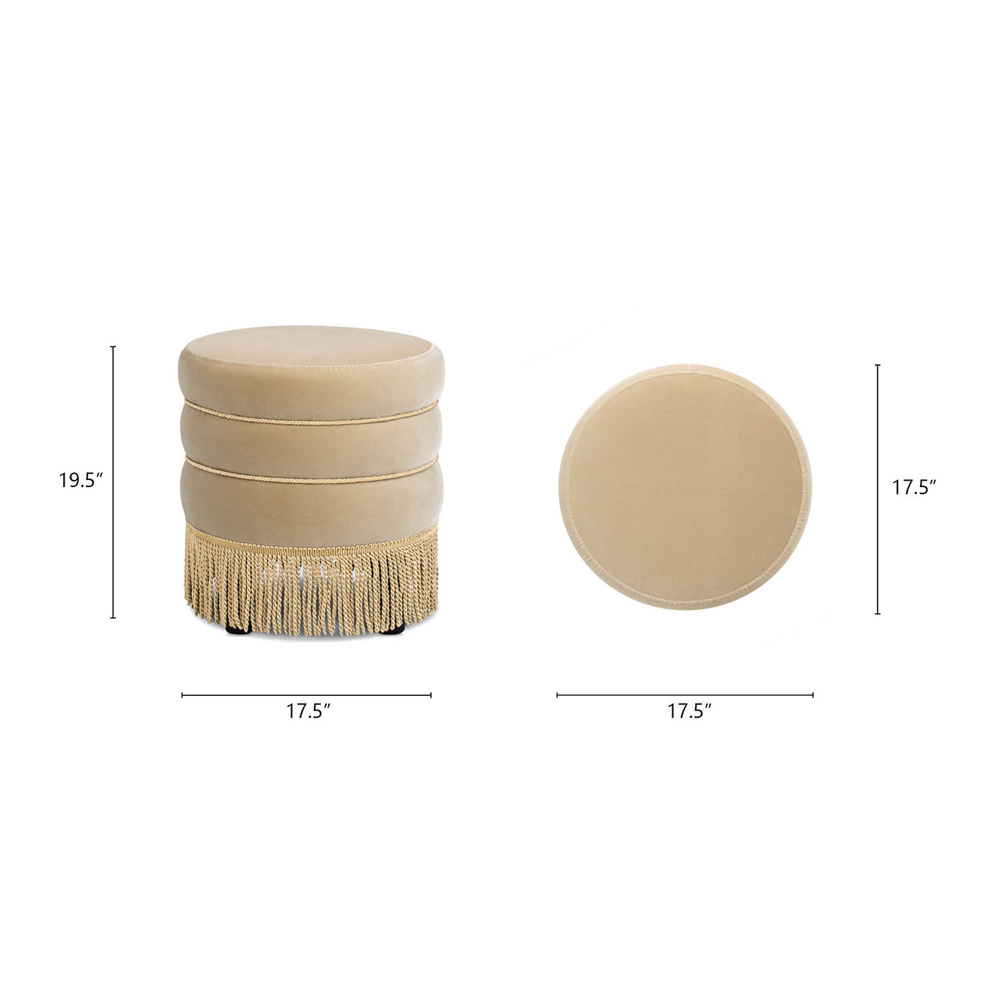 Edward 17.5" Round Upholstered Ottoman with Bullion Fringe