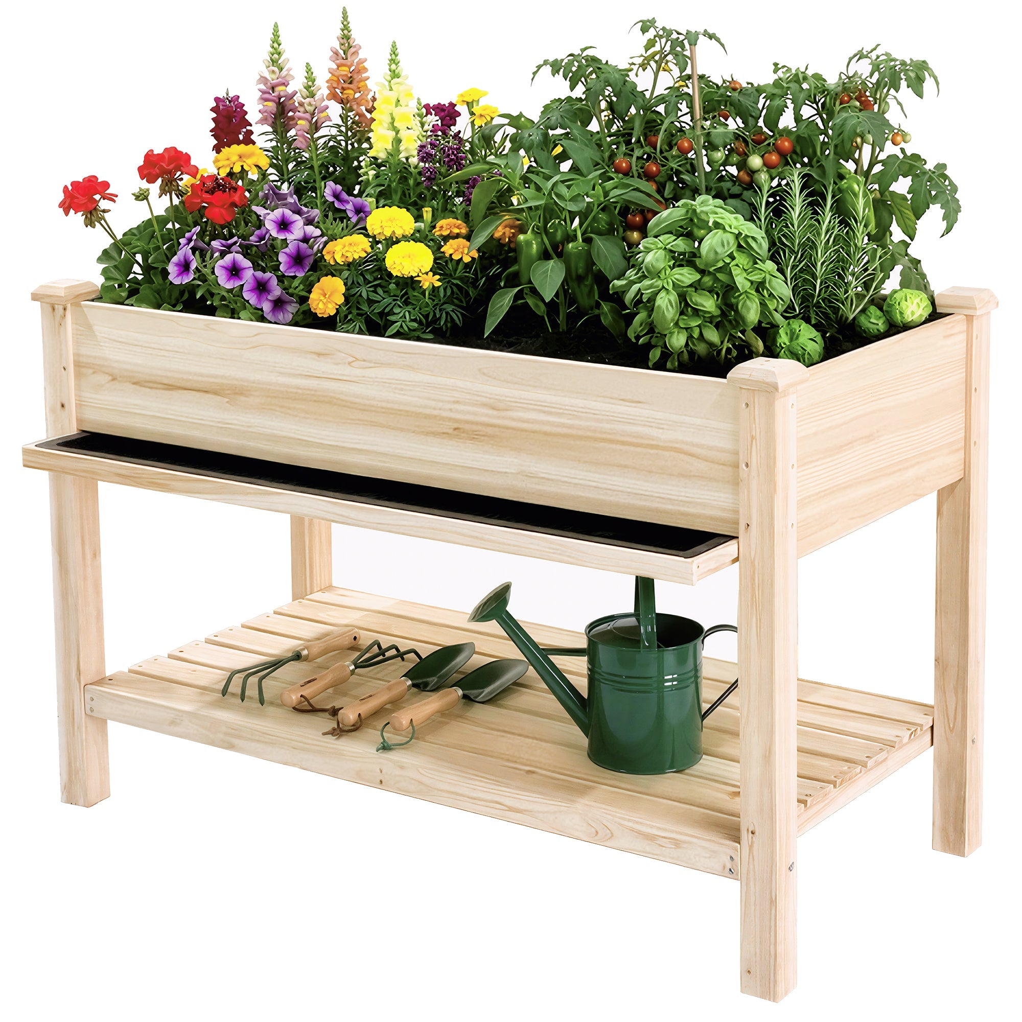 Raised Garden Bed with Water Collection Tray and Storage Shelf
