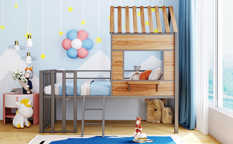 Loft Bed With Roof, Window, Guardrail, Ladder