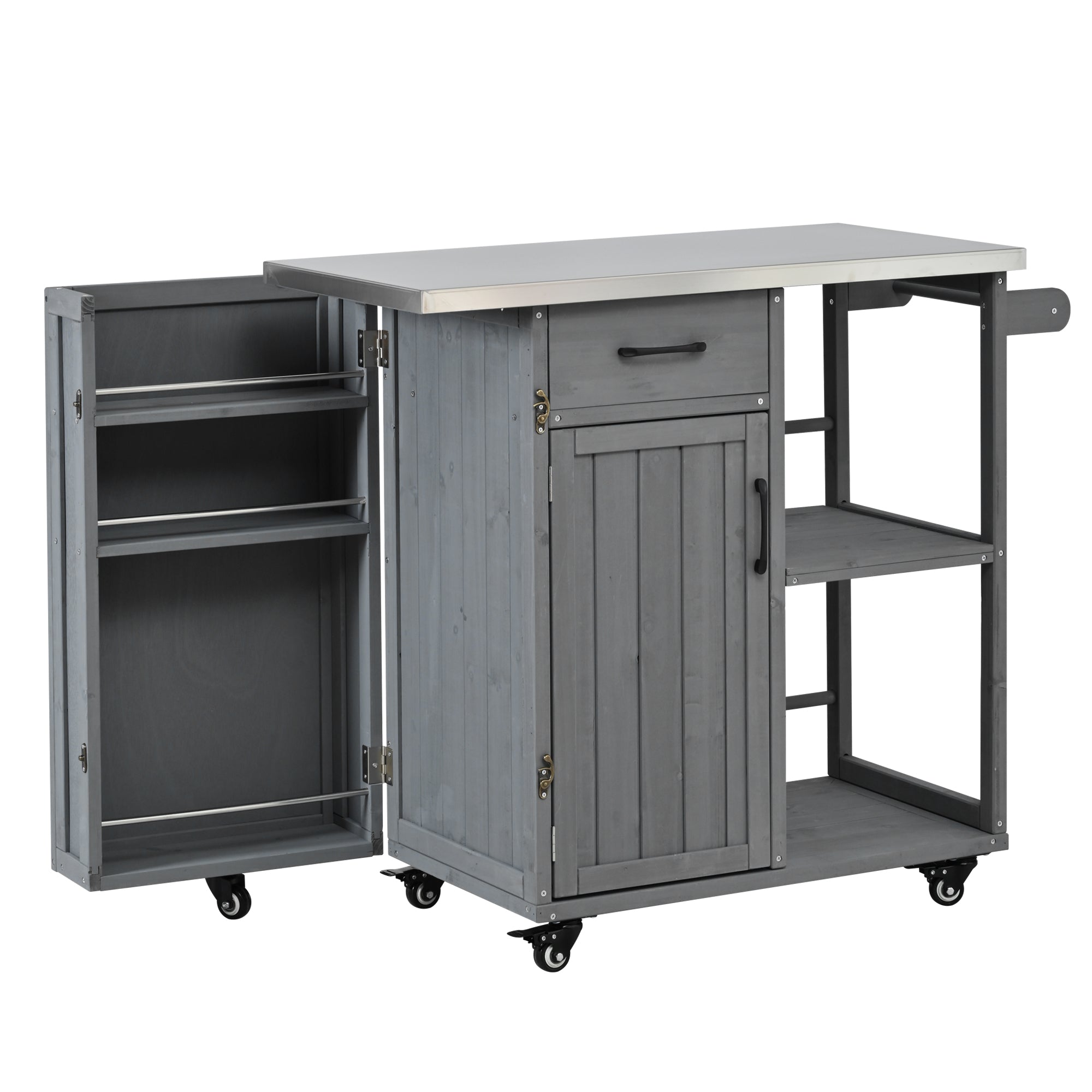 Outdoor Kitchen Island Fir Wood Prep Station with Stainless Steel Top