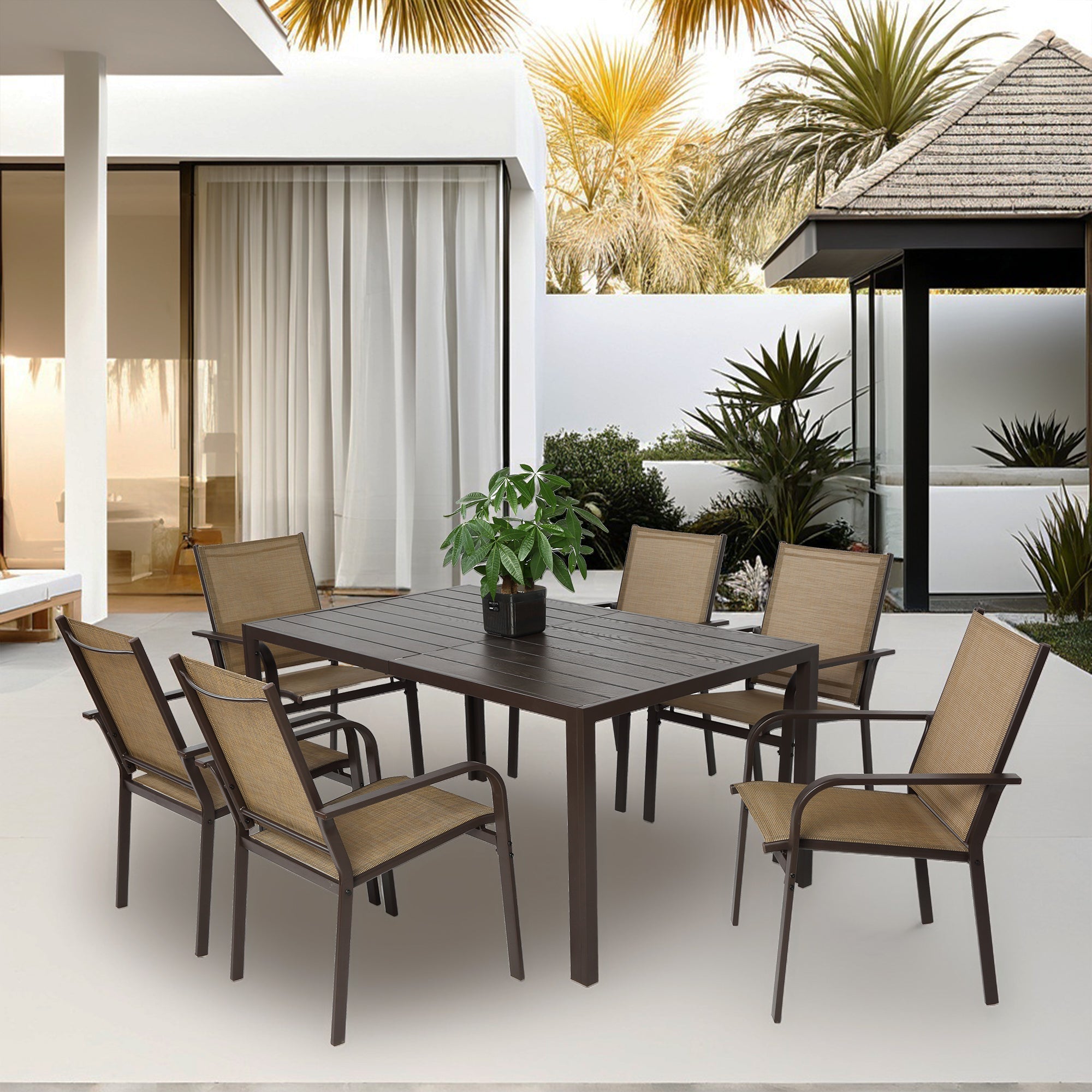 7 Pieces Patio Dining Set with Rectangular Table and 6 Textilene Chairs