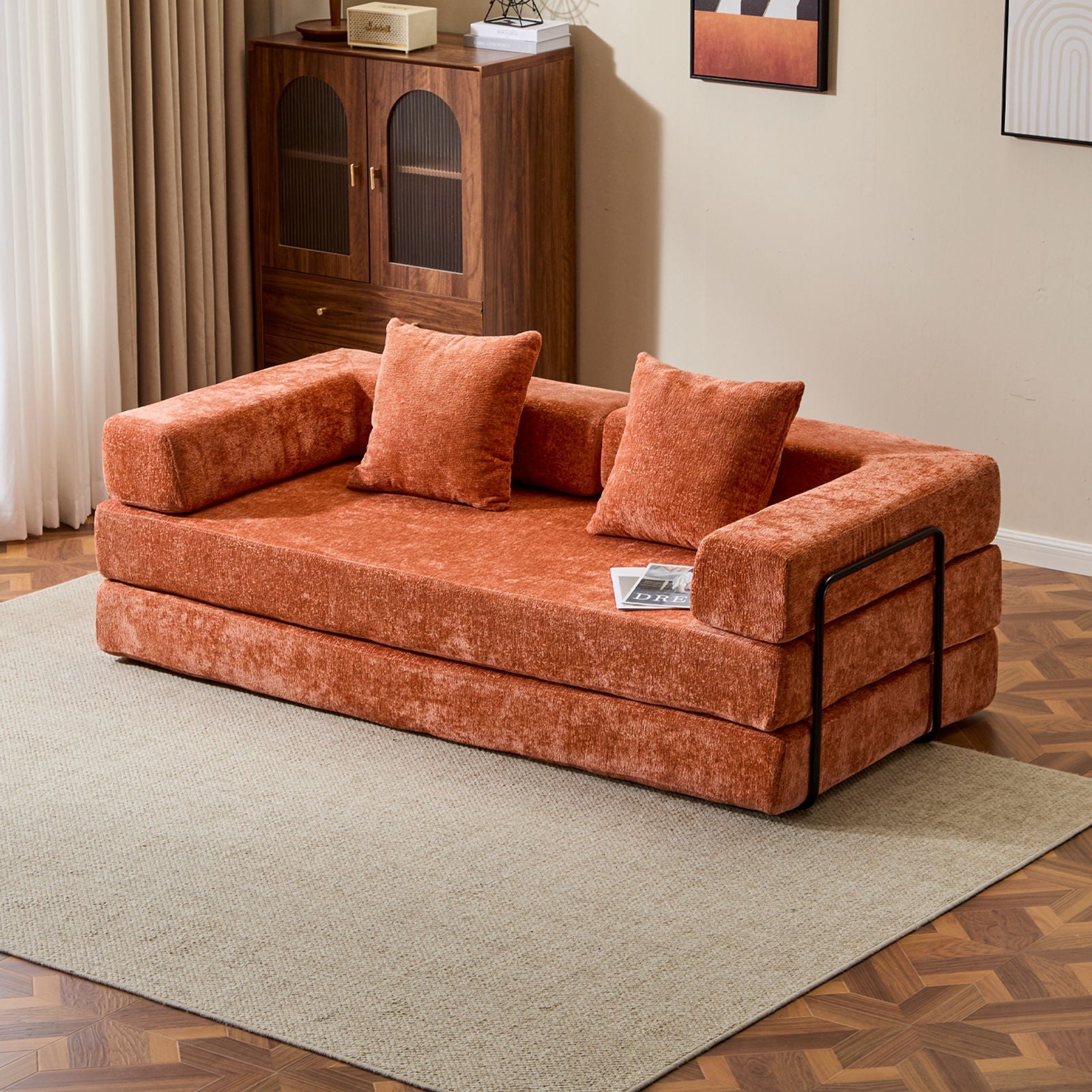 Convertible Floor Sofa Bed With Pillow Back Support Armrest