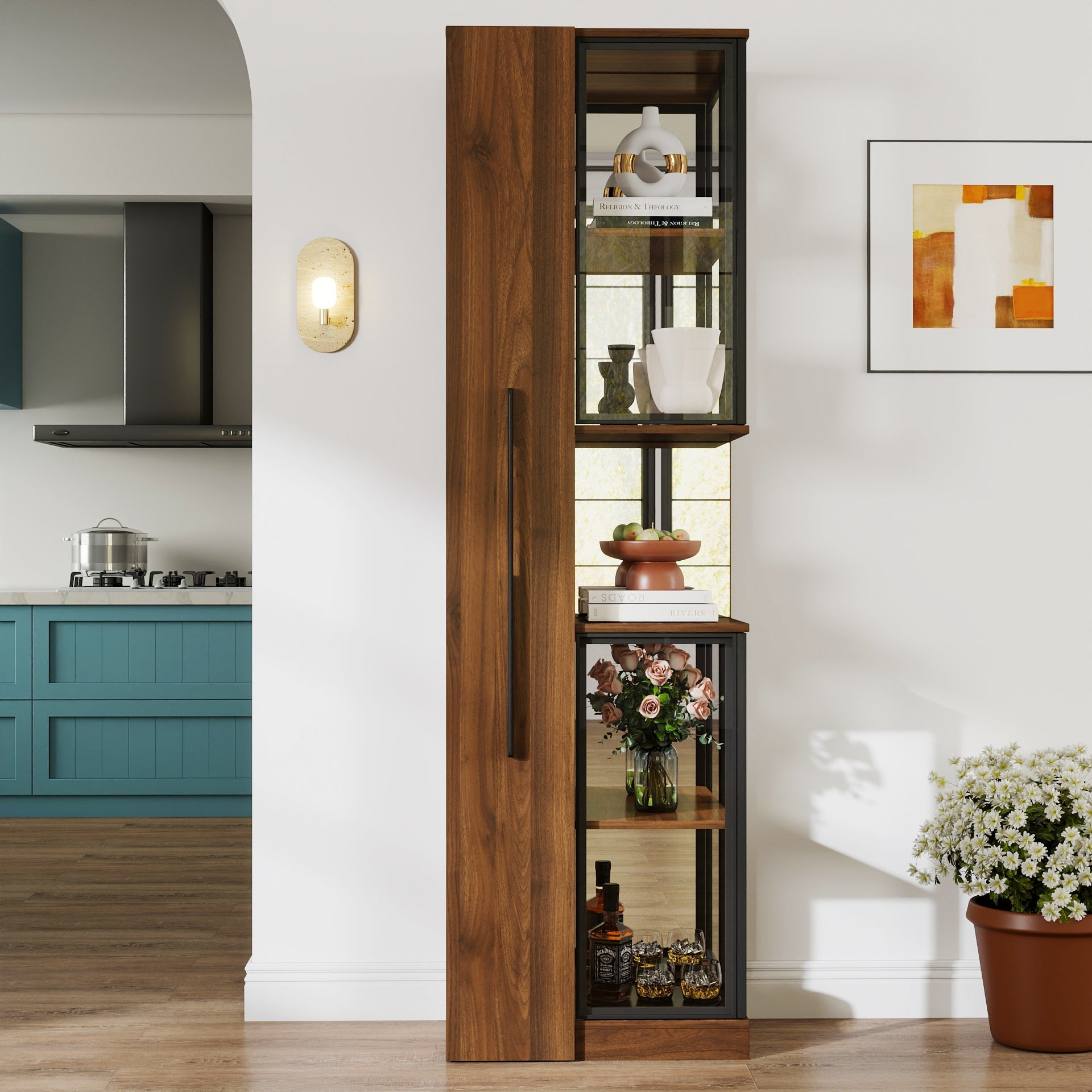70" Display Cabinet with Glass Doors and Lights, Multi-Tier Storage
