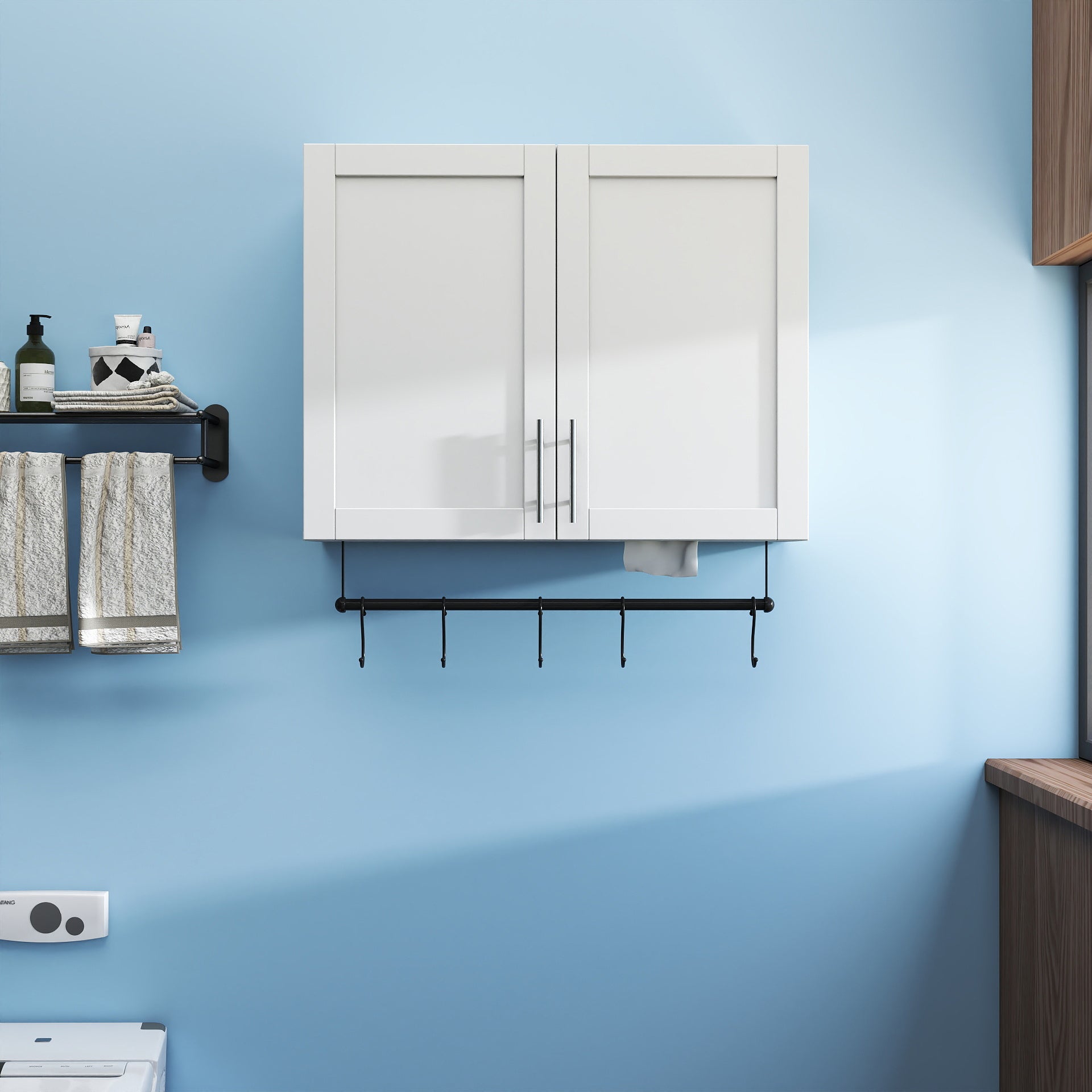 Bathroom Wall Cabinet with Adjustable Shelf, Towel Bar, and 5 Hooks