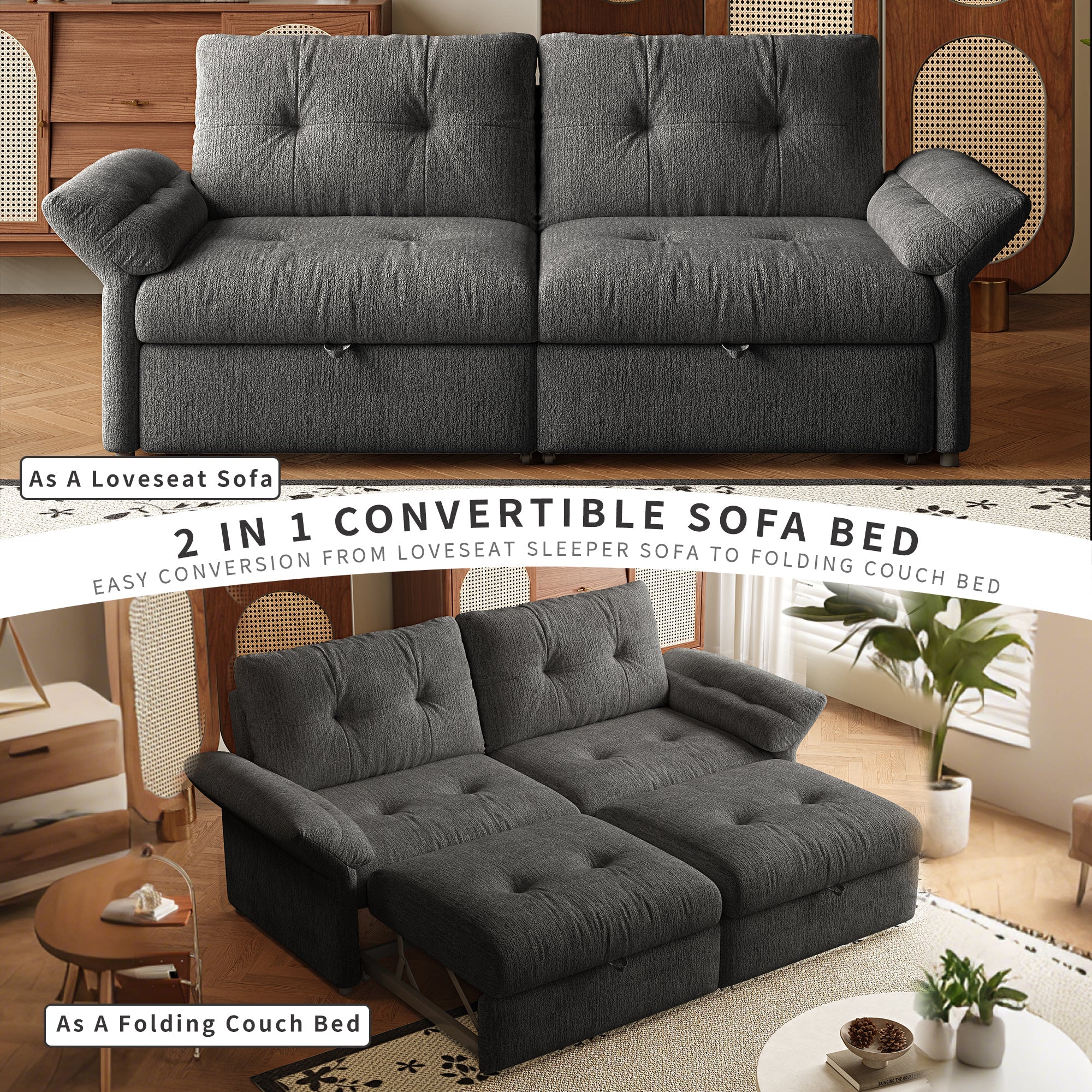 Multi-Functional Sofa Bed - 81.5 Inch Plush Chenille Sofa