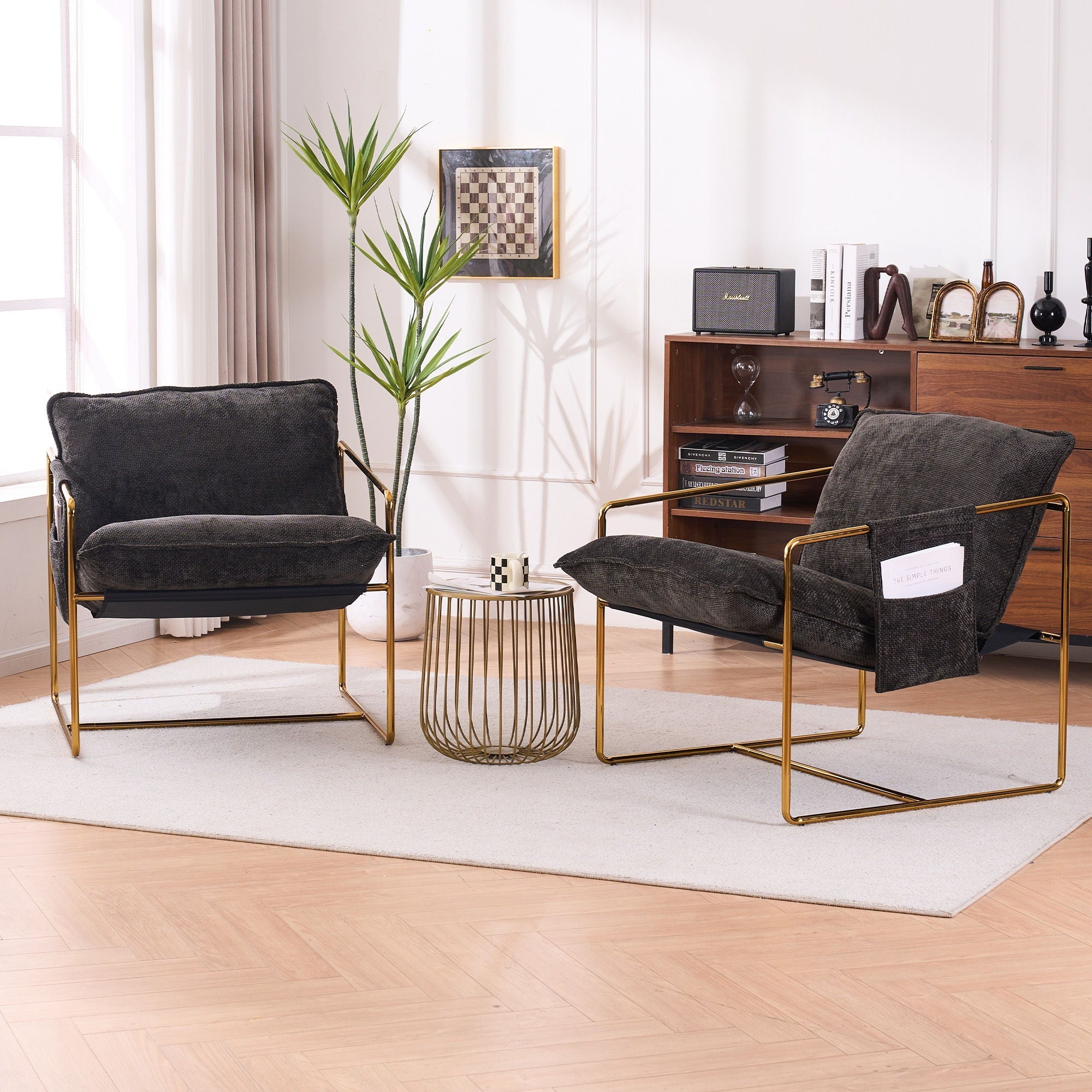 Upholstered Hanging Armchair With Arm Pocketsmetal Frame (Set of 2), Plated Craftsmanship, Crushed Foam Cushions And Skin-Friendly Woven Fabric For Living Room And Bedroom