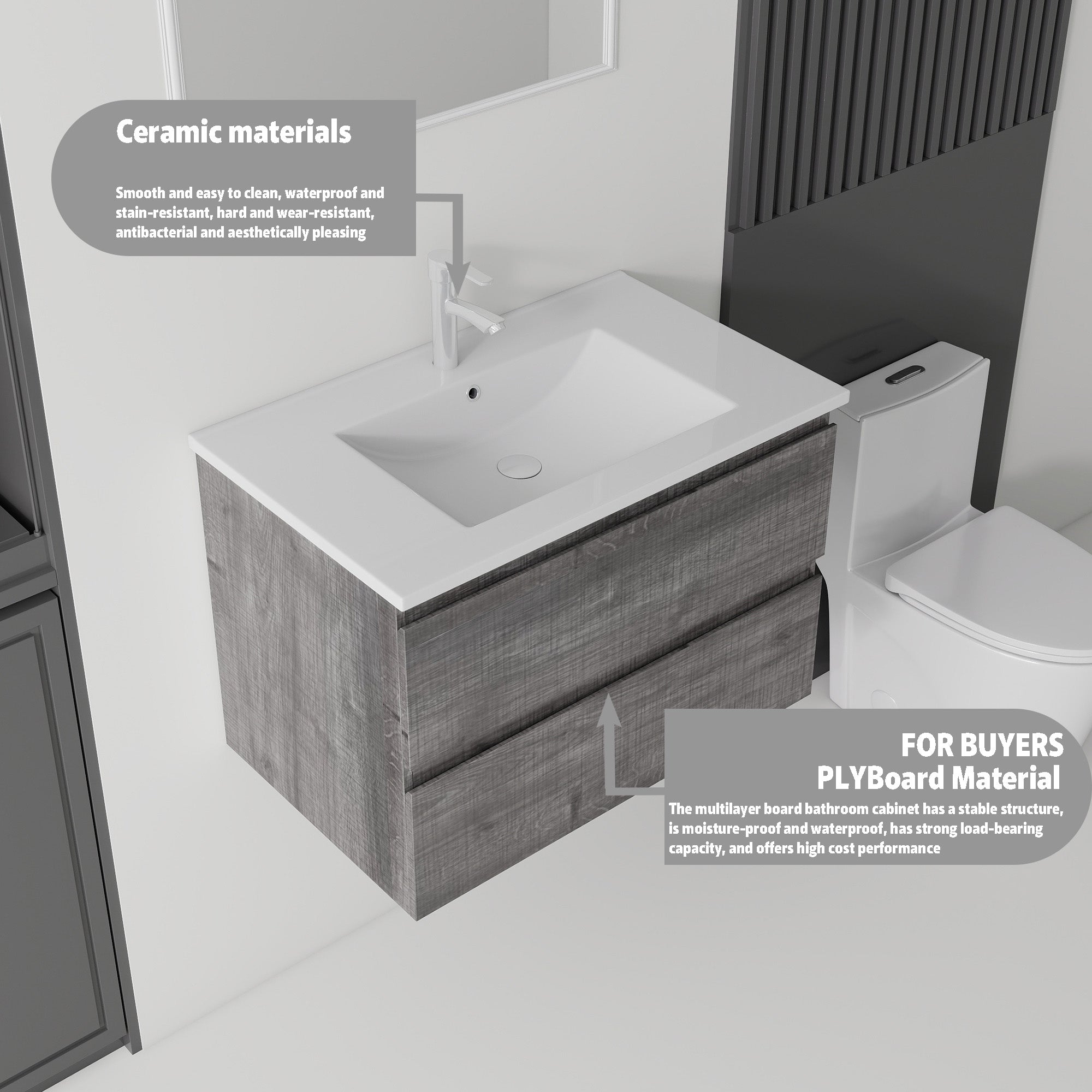 24 Inch Floating Bathroom Vanity with Sink, Soft-Close Drawer, Ceramic Sink, Plywood