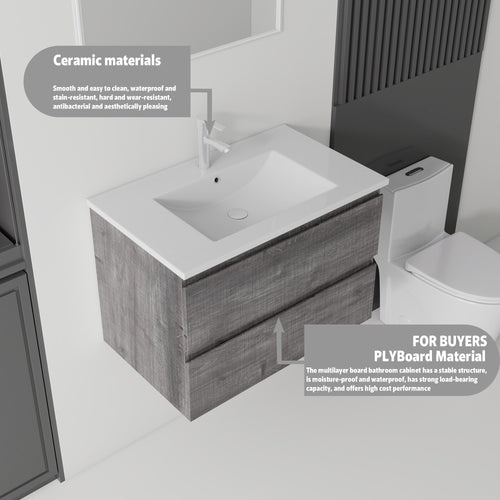 24 Inch Floating Bathroom Vanity with Sink, Soft-Close Drawer, Ceramic Sink, Plywood
