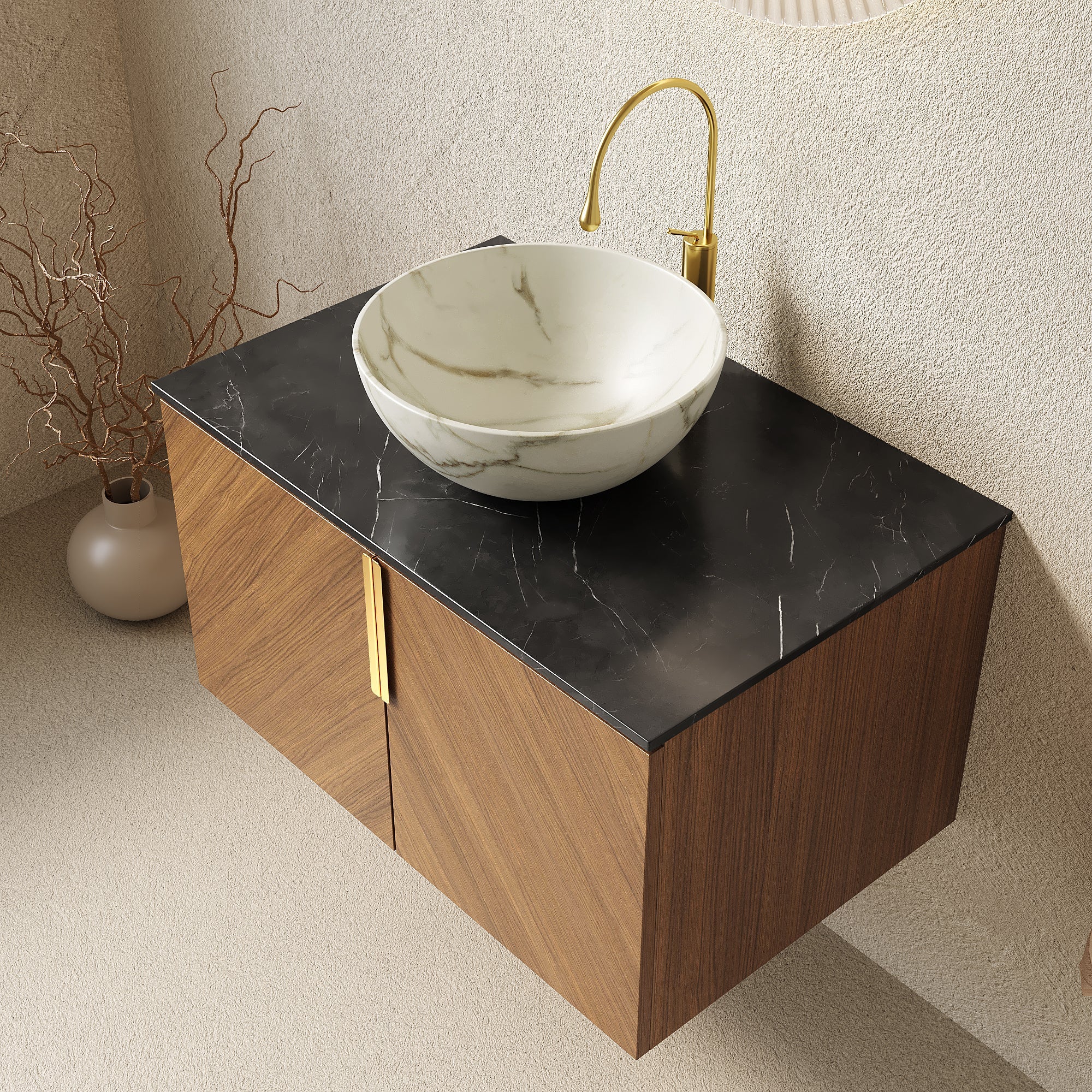 ARAI 30" Bathroom Vanity & Sink, Floating Plywood Storage Cabinet
