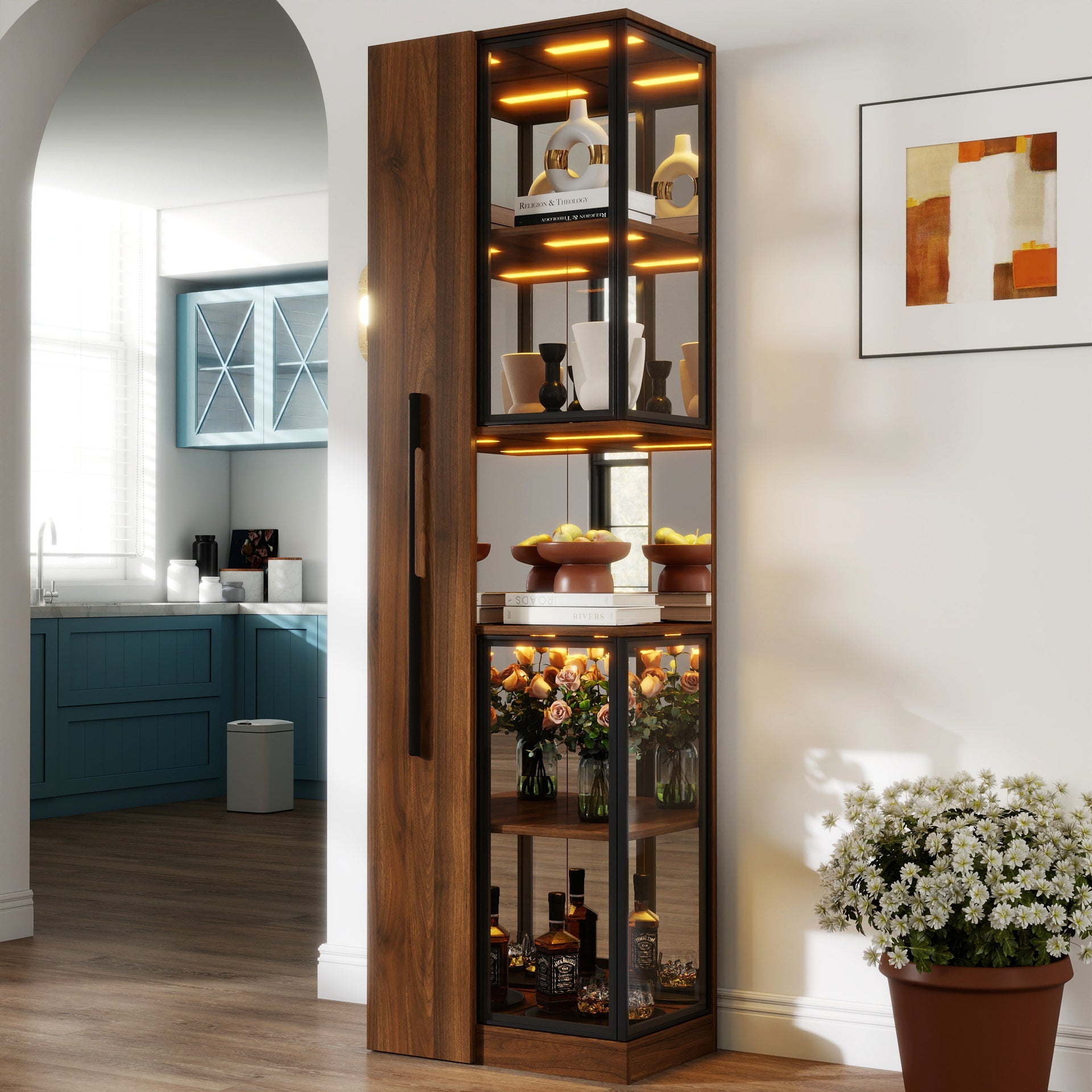 70" Display Cabinet with Glass Doors and Lights, Multi-Tier Storage