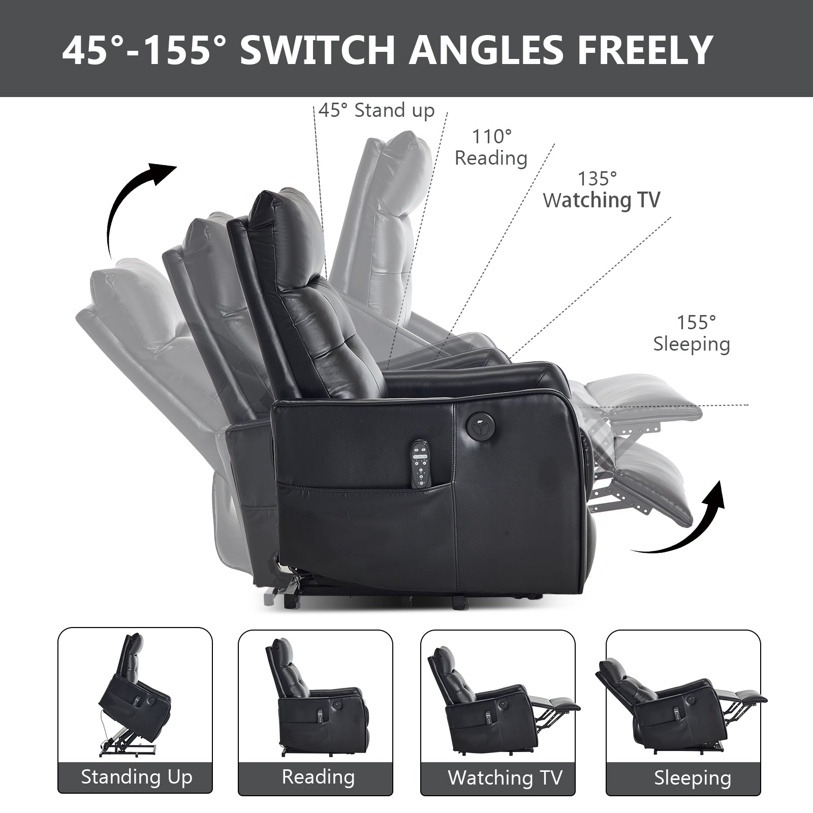 Black PU Single Motor Power Lift Recliner Chair