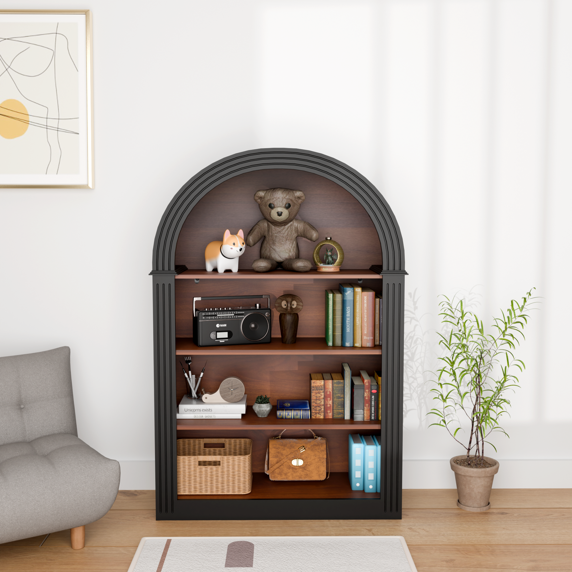 4-Shelf Tall Arched Bookcase