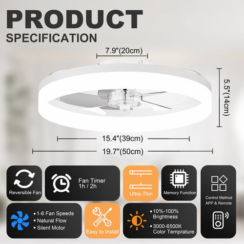 19.7'' LED Ceiling Fan Light with Remote & App Control, 6 Speeds, Dimmable, 3000K-6500K, Flush Mount