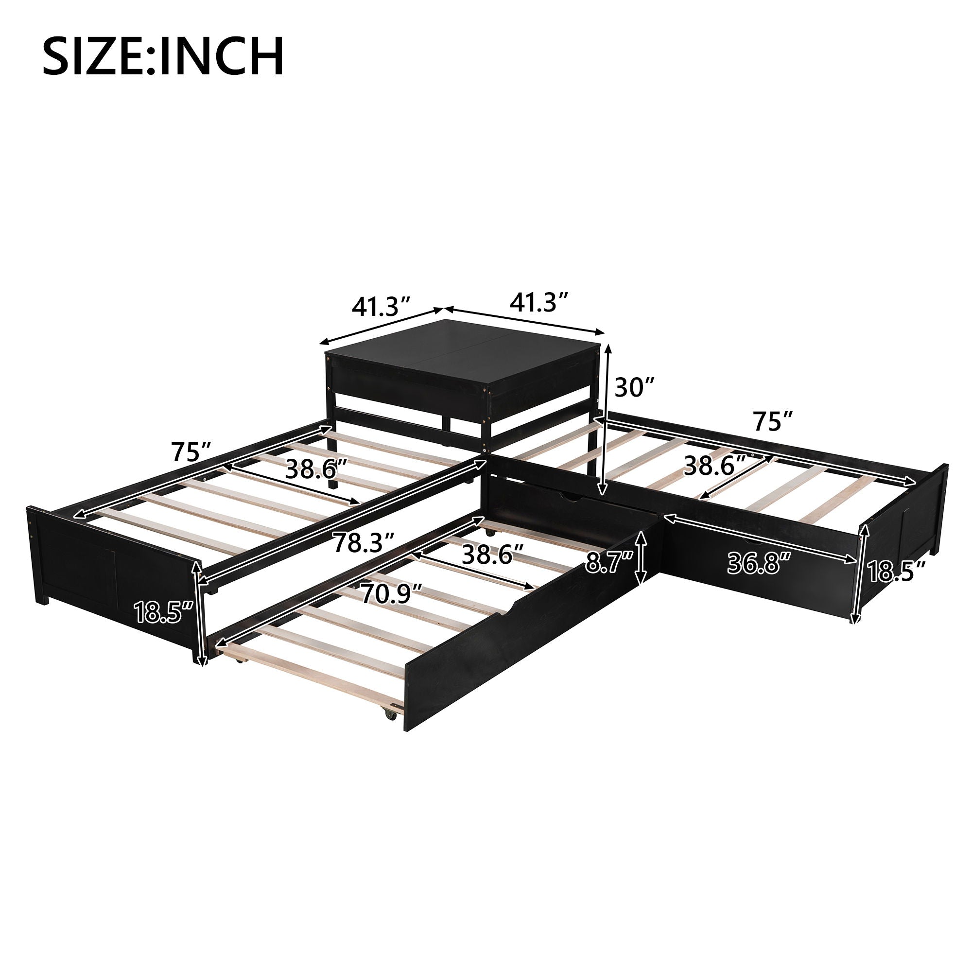 L Shaped Platform Bed With Trundle And Drawers Linked With Built In Desk